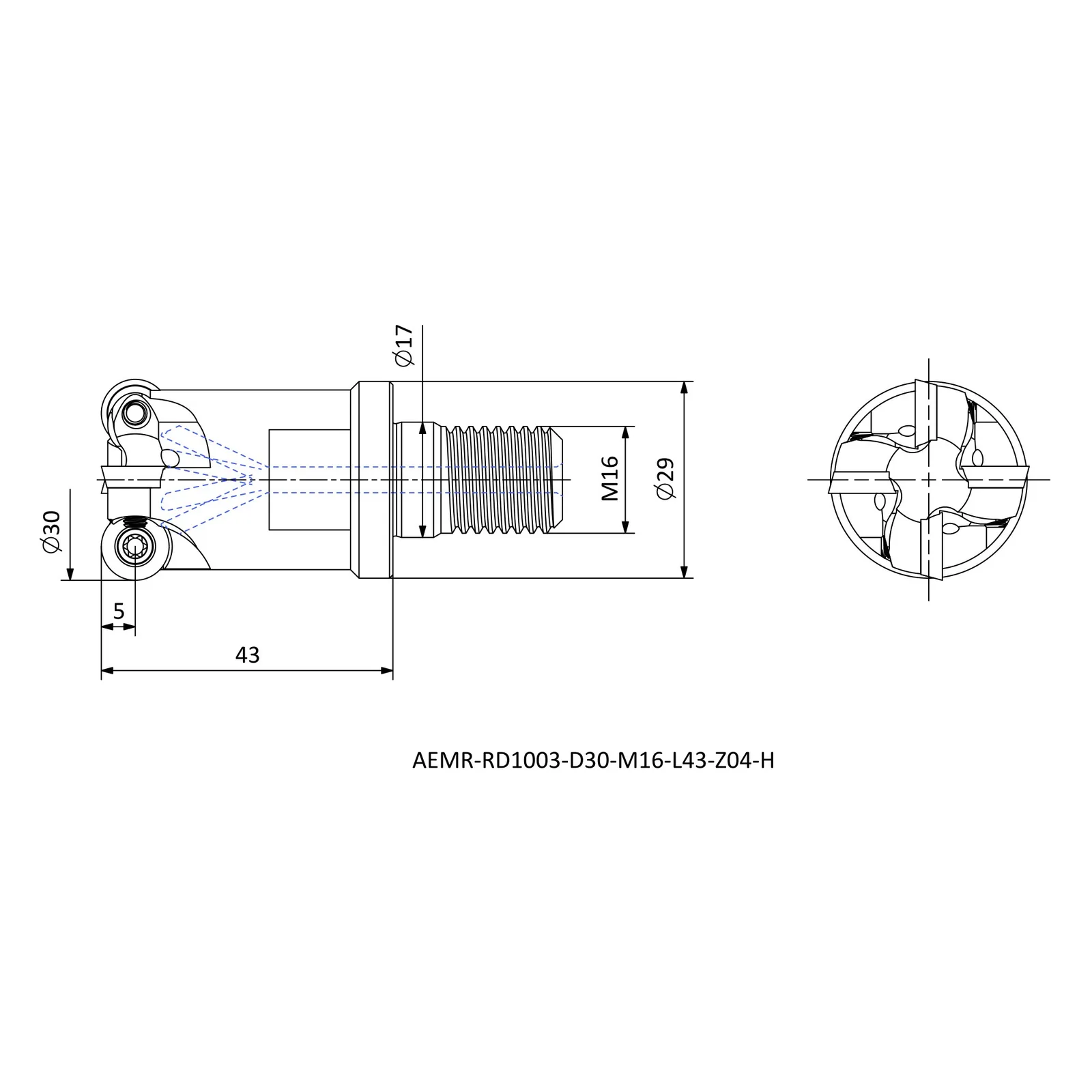 AEMR-RD1003-D30-M16-L43-Z04-H &mdash; dimensioned drawing
