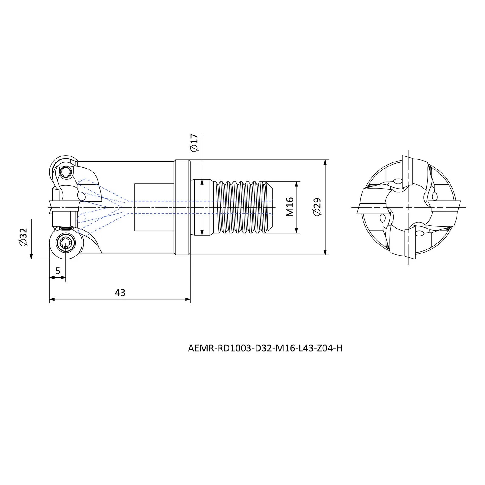 AEMR-RD1003-D32-M16-L43-Z04-H &mdash; dimensioned drawing