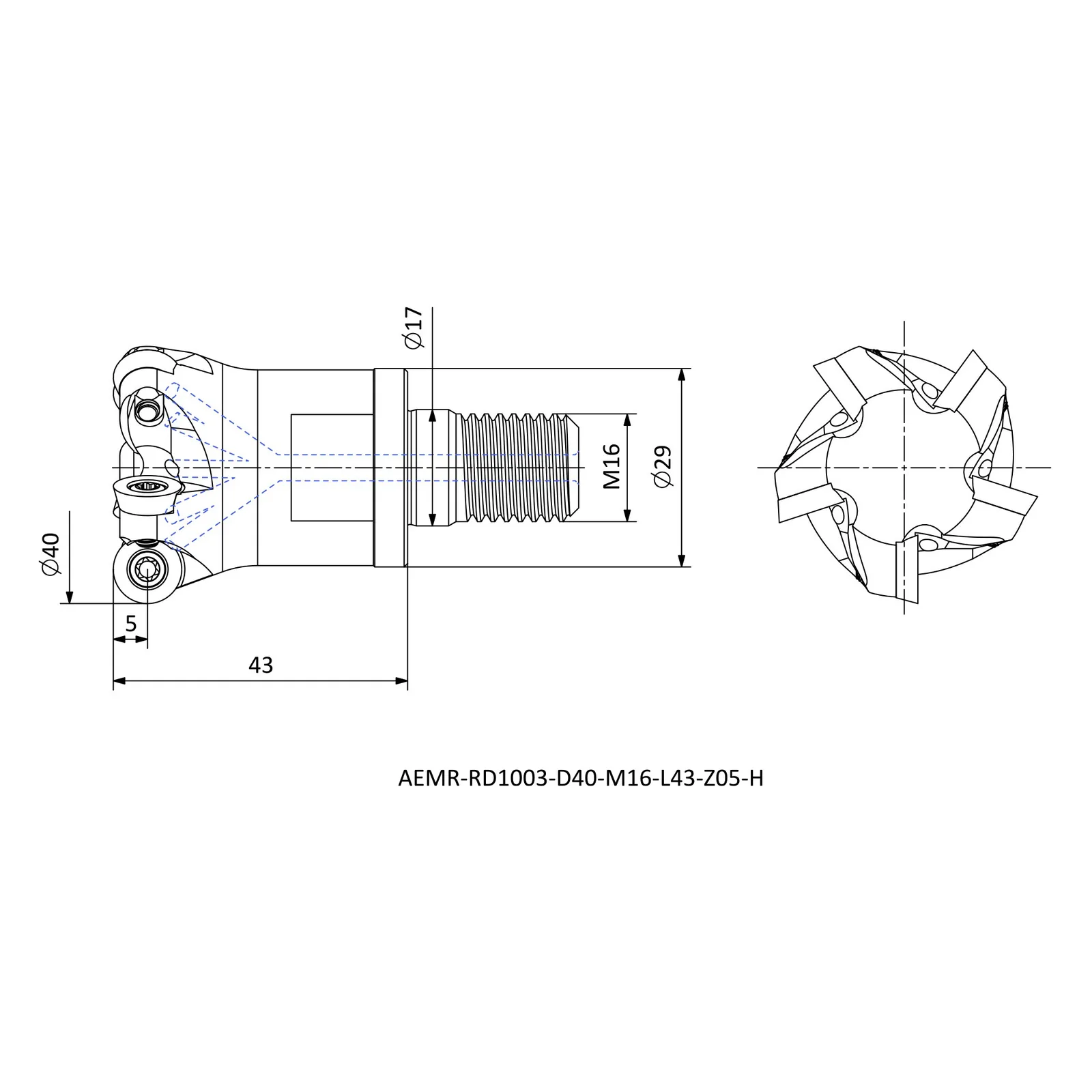 AEMR-RD1003-D40-M16-L43-Z05-H &mdash; dimensioned drawing