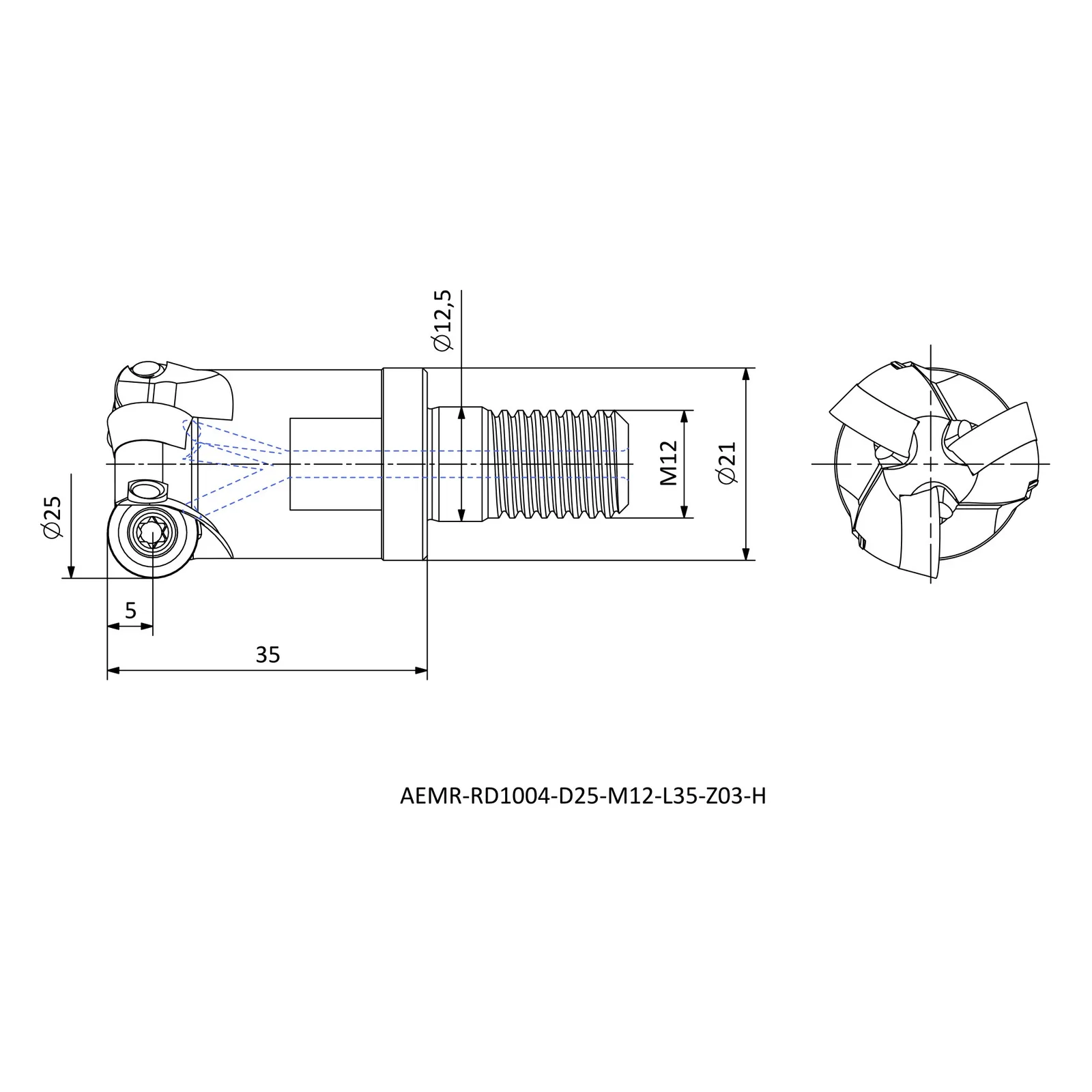 AEMR-RD1004-D25-M12-L35-Z03-H &mdash; dimensioned drawing