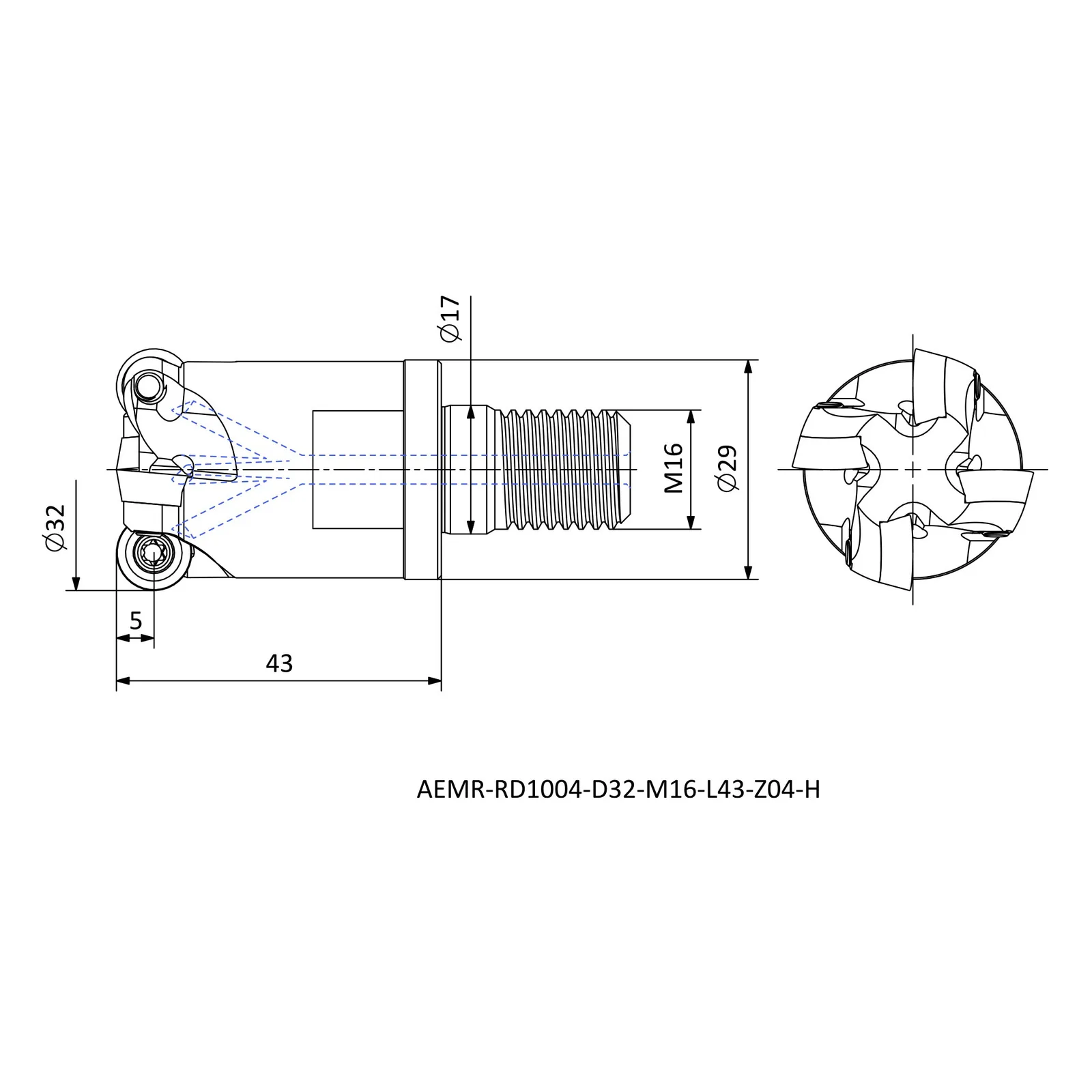 AEMR-RD1004-D32-M16-L43-Z04-H &mdash; dimensioned drawing