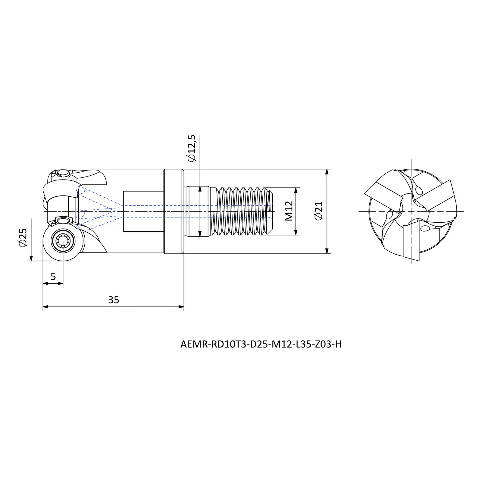 AEMR-RD10T3-D25-M12-L35-Z03-H &mdash; dimensioned drawing