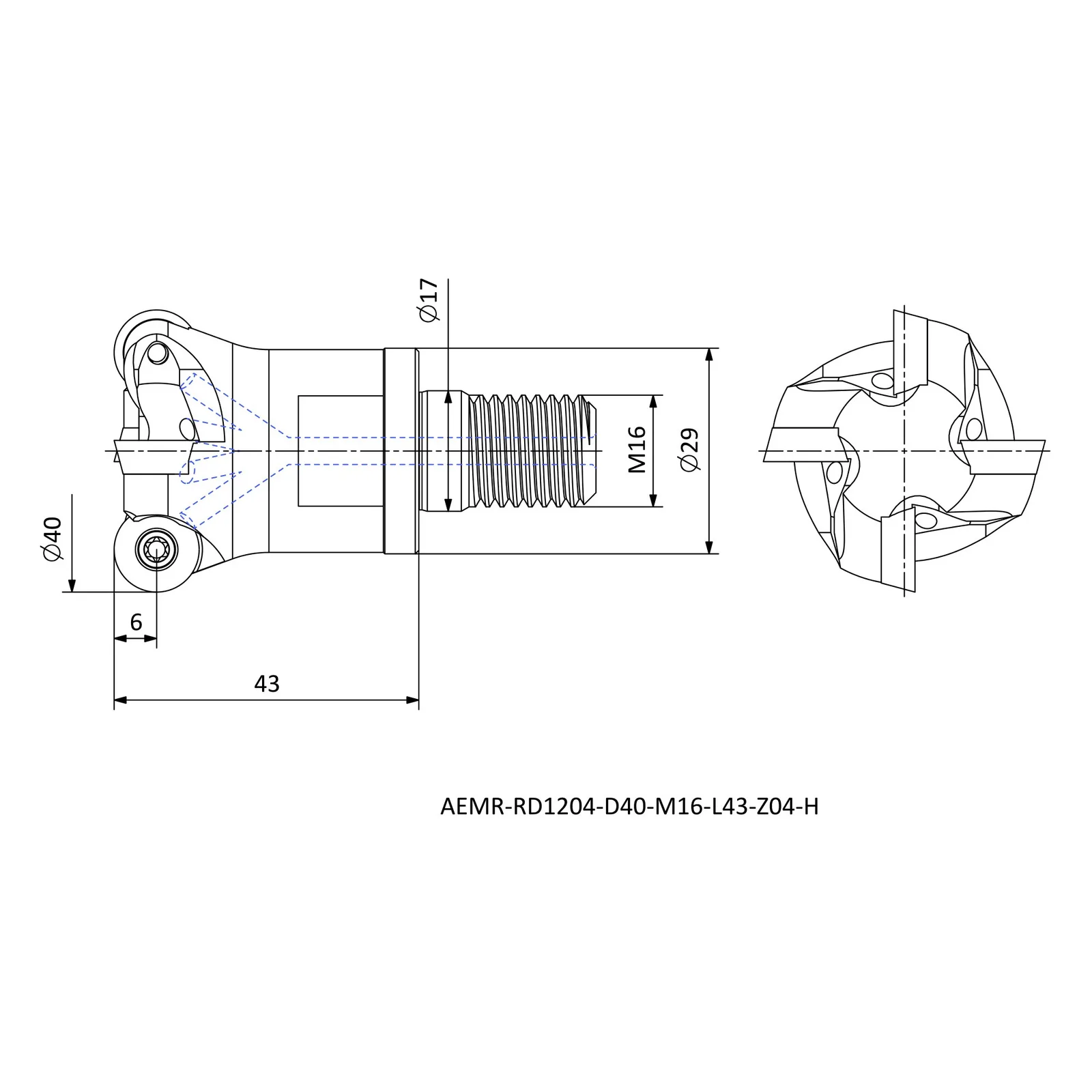 AEMR-RD1204-D40-M16-L43-Z04-H &mdash; dimensioned drawing