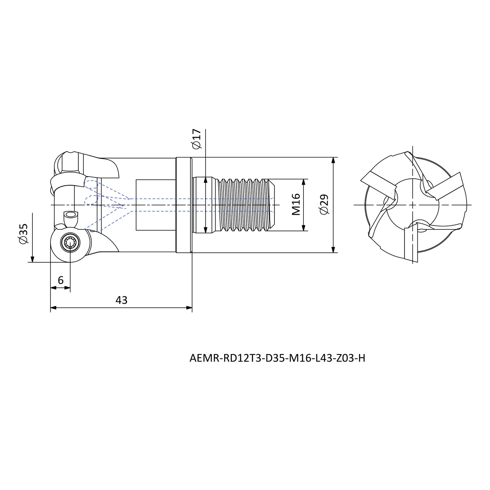 AEMR-RD12T3-D35-M16-L43-Z03-H &mdash; dimensioned drawing