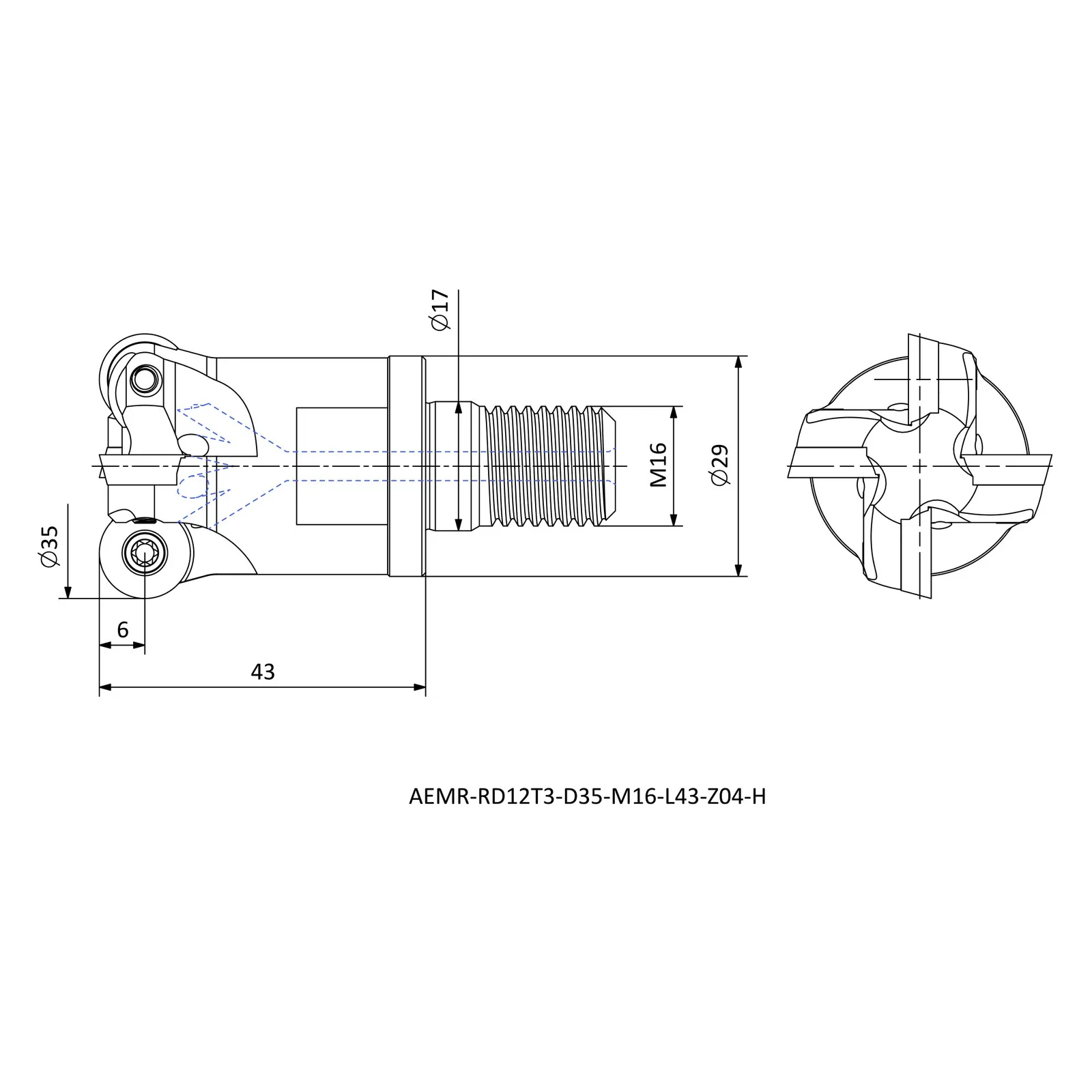 AEMR-RD12T3-D35-M16-L43-Z04-H &mdash; dimensioned drawing