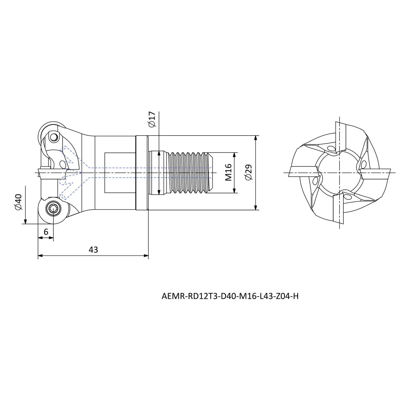 AEMR-RD12T3-D40-M16-L43-Z04-H &mdash; dimensioned drawing