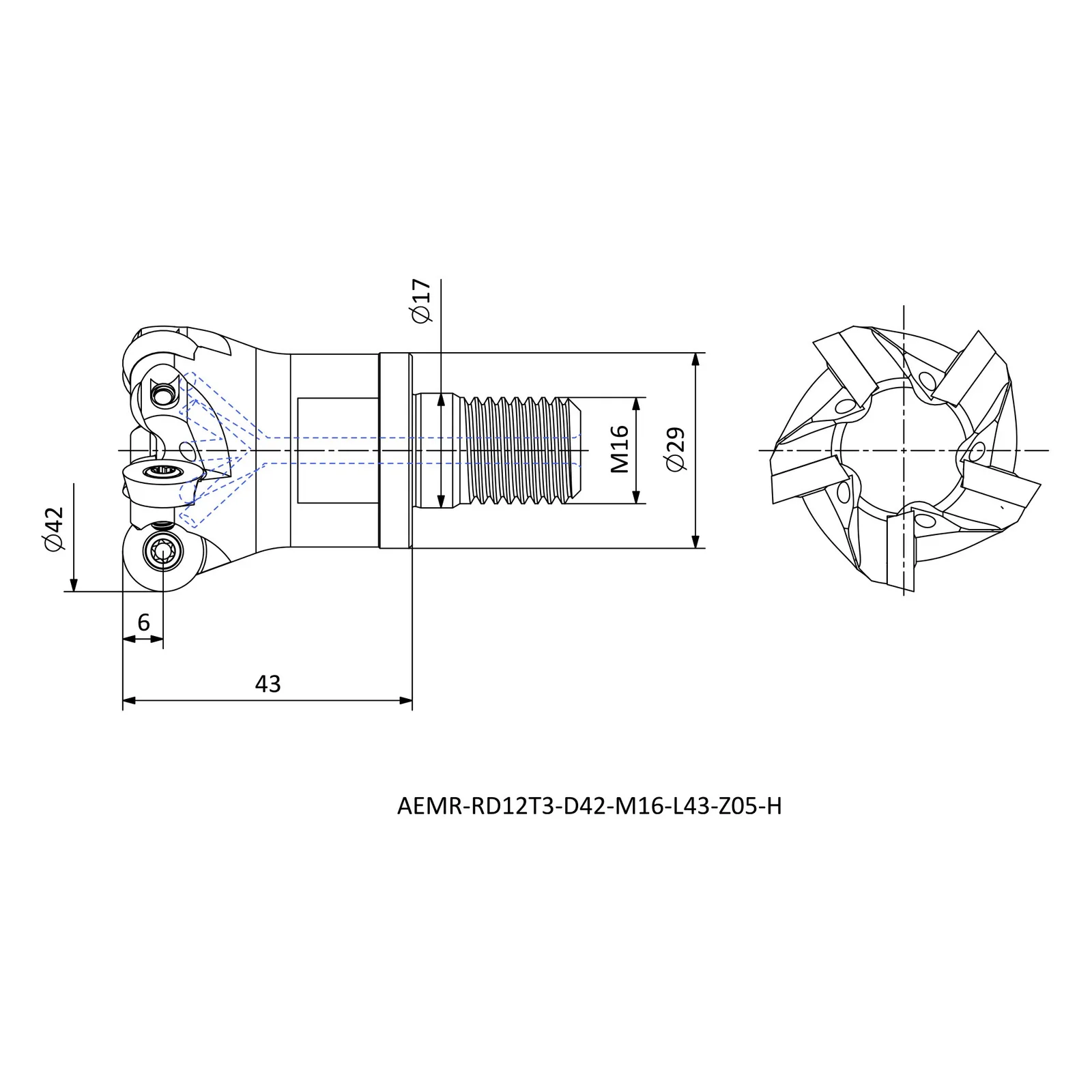AEMR-RD12T3-D42-M16-L43-Z05-H &mdash; dimensioned drawing