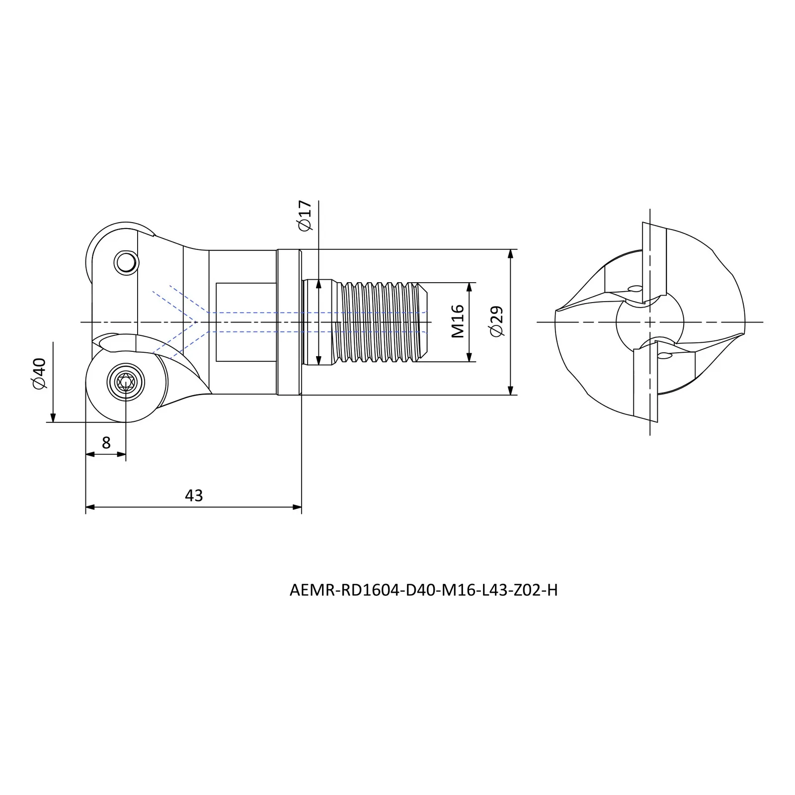 AEMR-RD1604-D40-M16-L43-Z02-H &mdash; dimensioned drawing