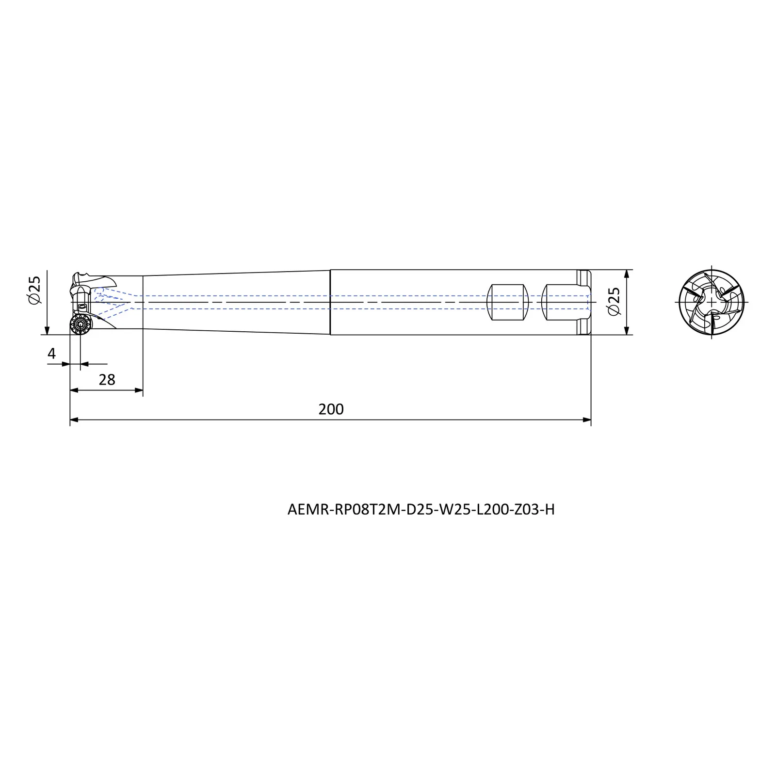 AEMR-RP08T2M-D25-W25-L200-Z03-H &mdash; dimensioned drawing