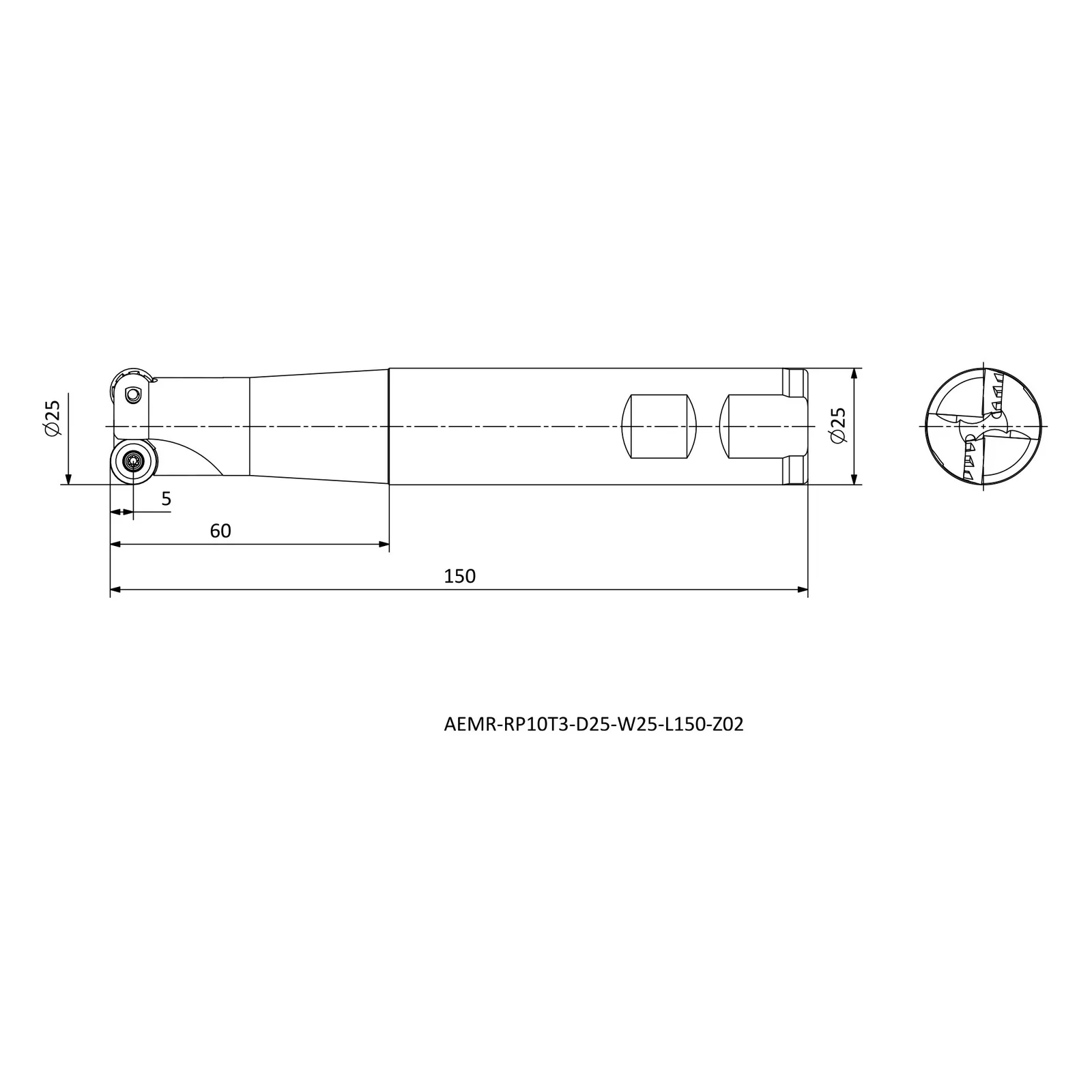 AEMR-RP10T3-D25-W25-L150-Z02 &mdash; dimensioned drawing