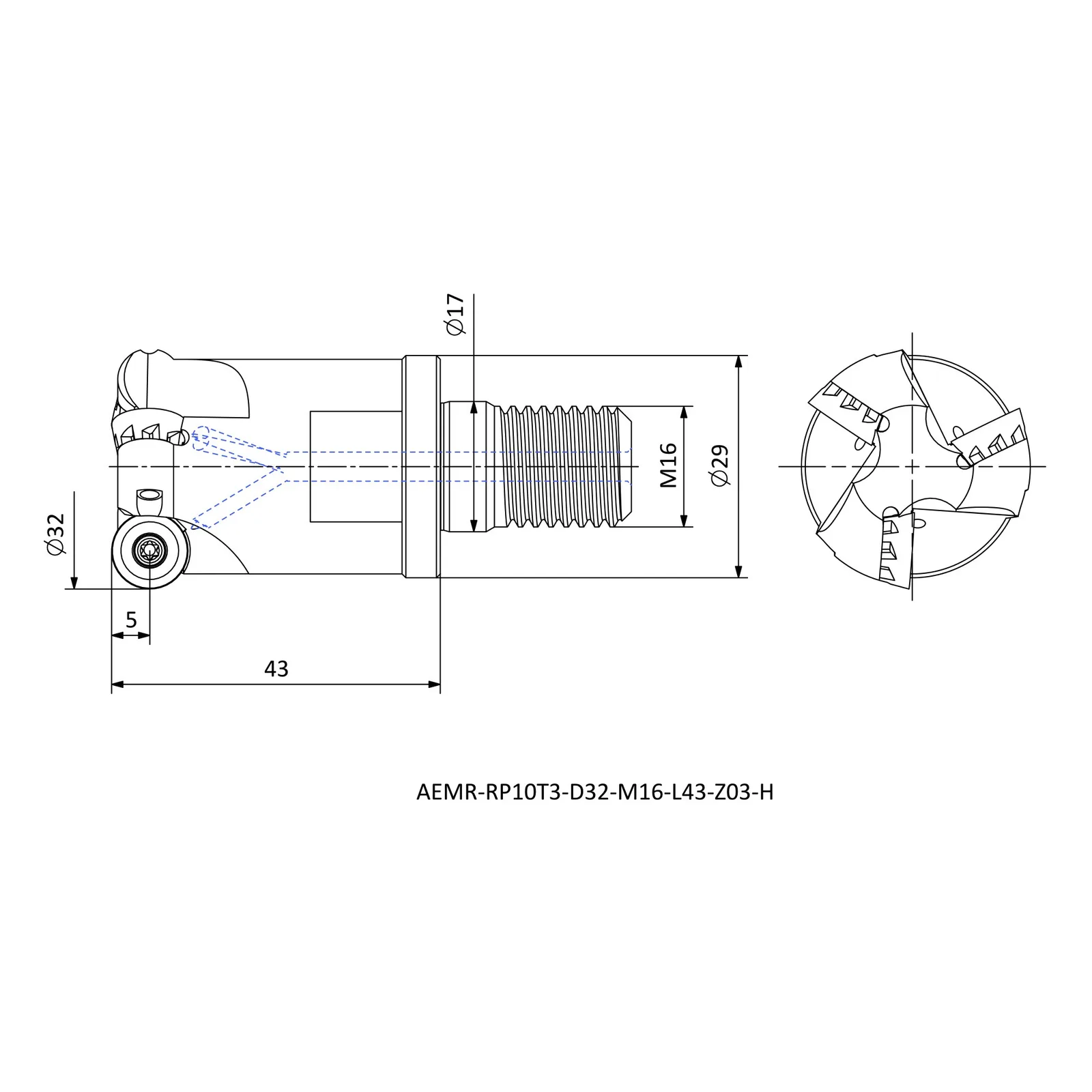 AEMR-RP10T3-D32-M16-L43-Z03-H &mdash; dimensioned drawing