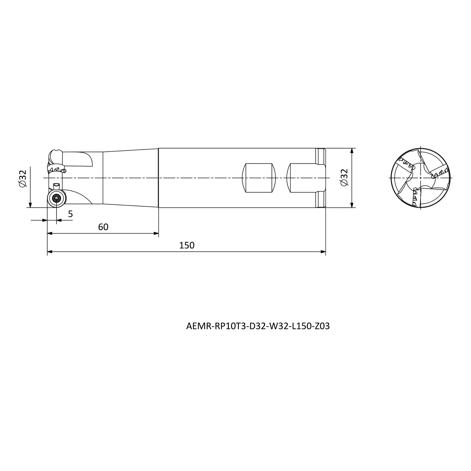 AEMR-RP10T3-D32-W32-L150-Z03 &mdash; dimensioned drawing
