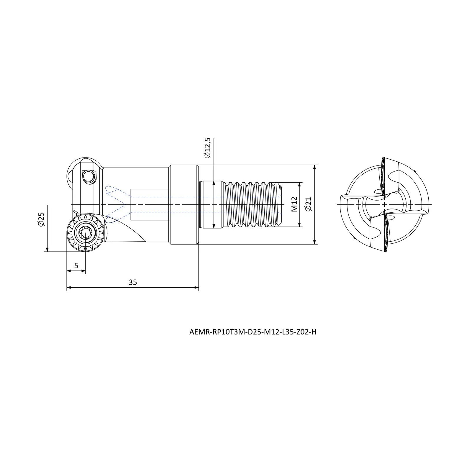 AEMR-RP10T3M-D25-M12-L35-Z02-H &mdash; dimensioned drawing