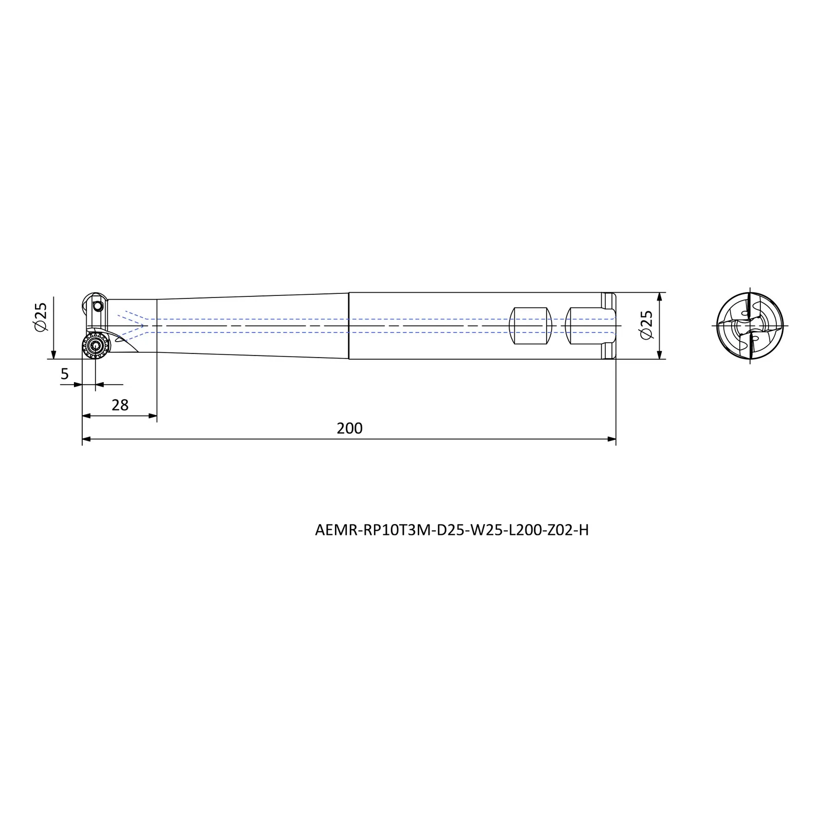 AEMR-RP10T3M-D25-W25-L200-Z02-H &mdash; dimensioned drawing