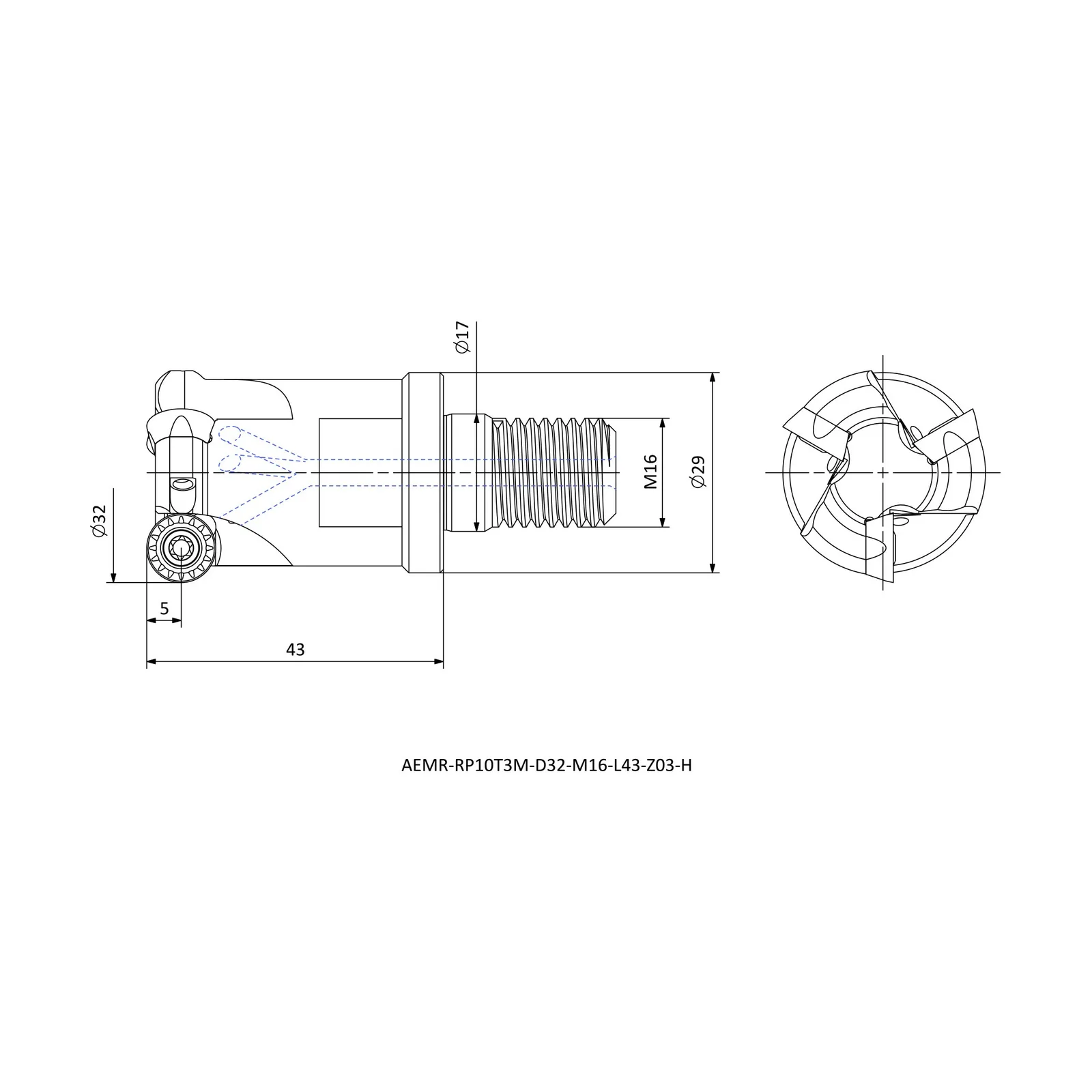 AEMR-RP10T3M-D32-M16-L43-Z03-H &mdash; dimensioned drawing