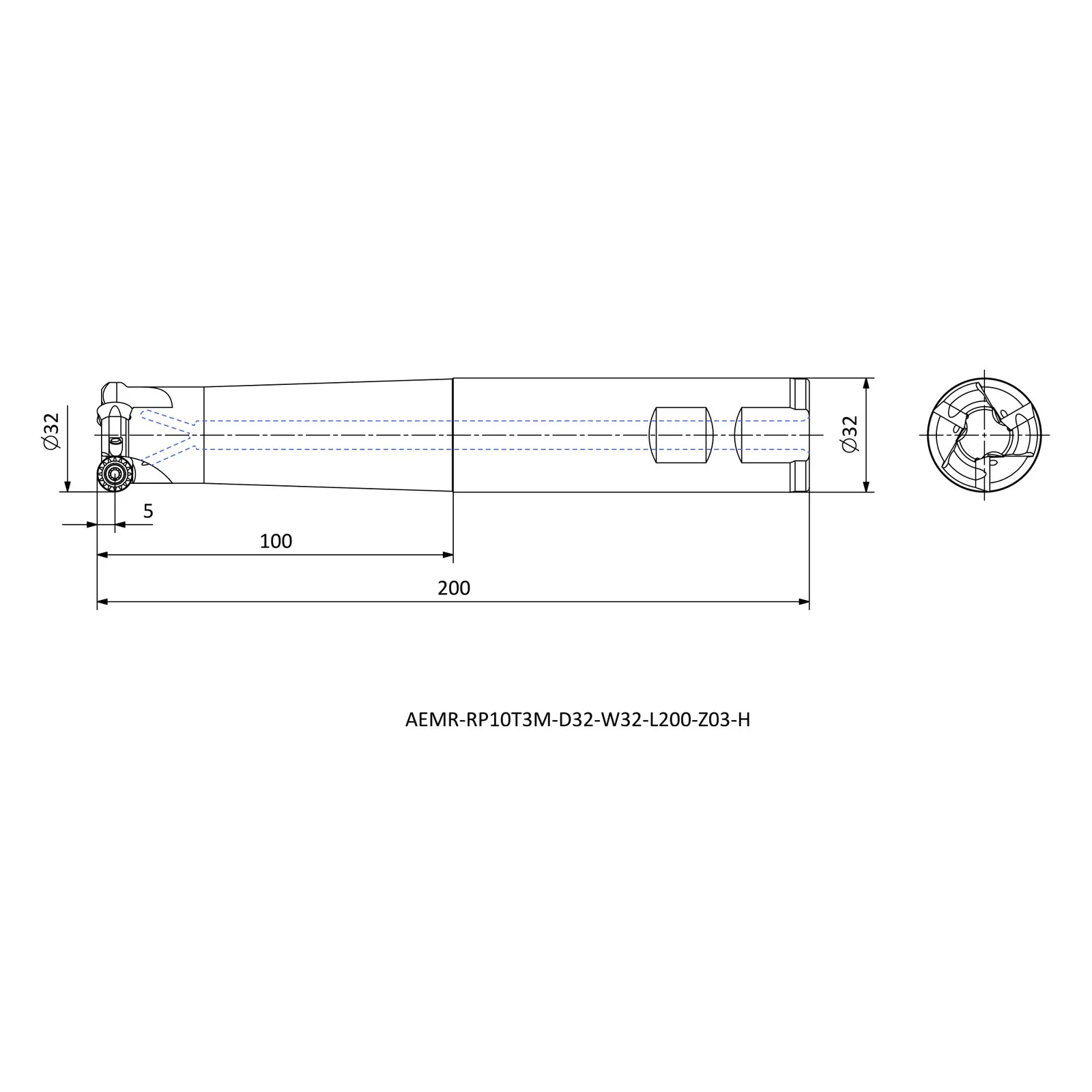 AEMR-RP10T3M-D32-W32-L200-Z03-H &mdash; dimensioned drawing