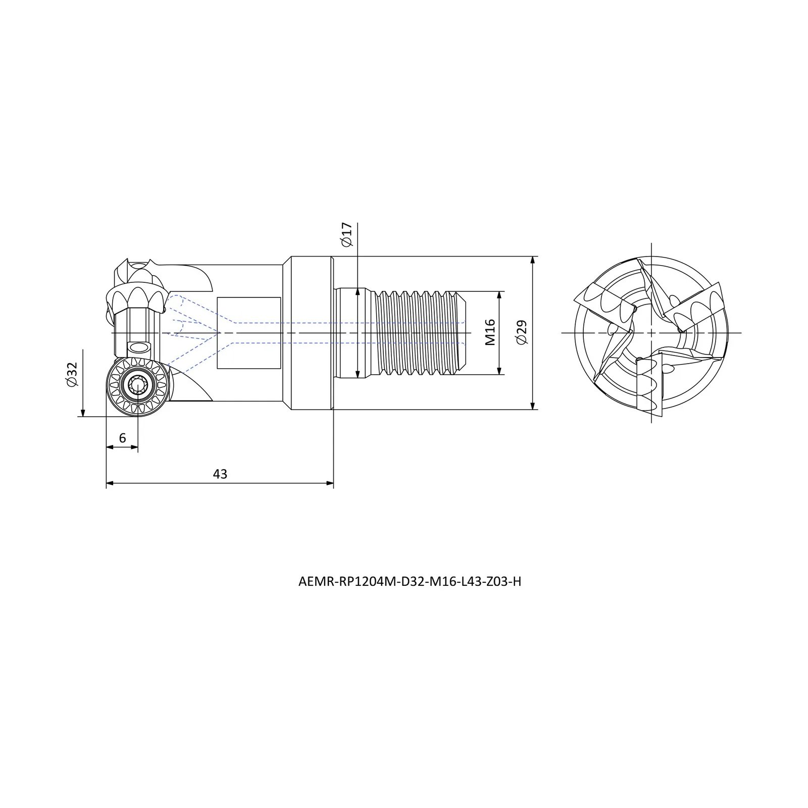 AEMR-RP1204M-D32-M16-L43-Z03-H &mdash; dimensioned drawing