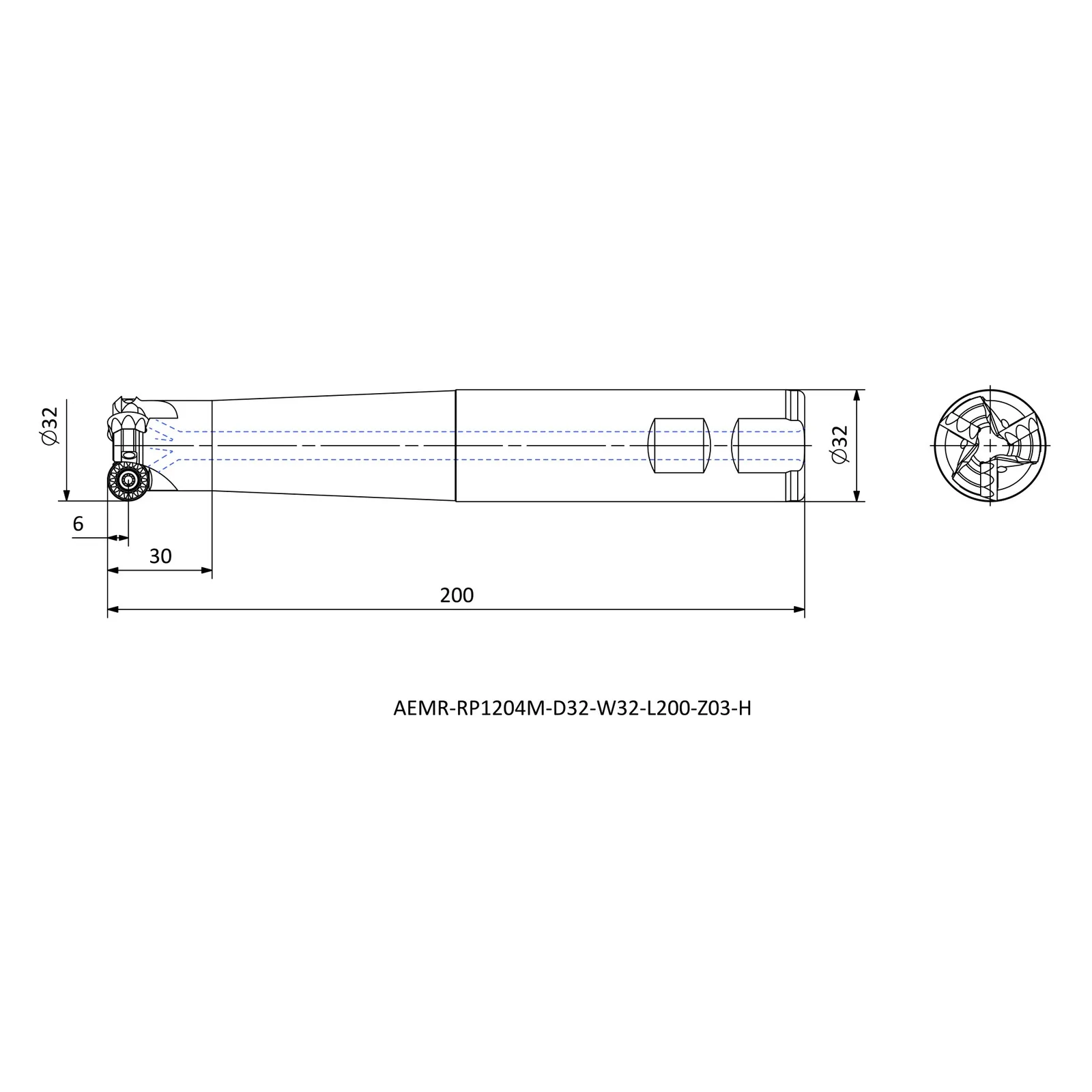 AEMR-RP1204M-D32-W32-L200-Z03-H &mdash; dimensioned drawing