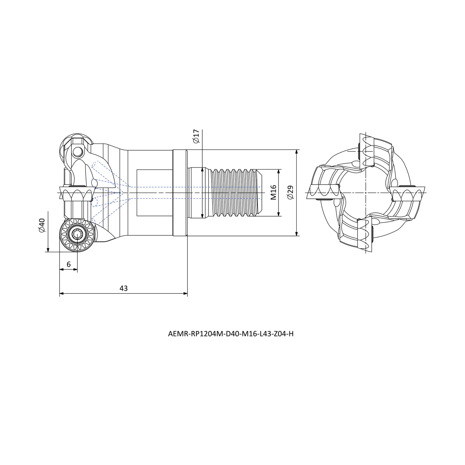 AEMR-RP1204M-D40-M16-L43-Z04-H &mdash; dimensioned drawing