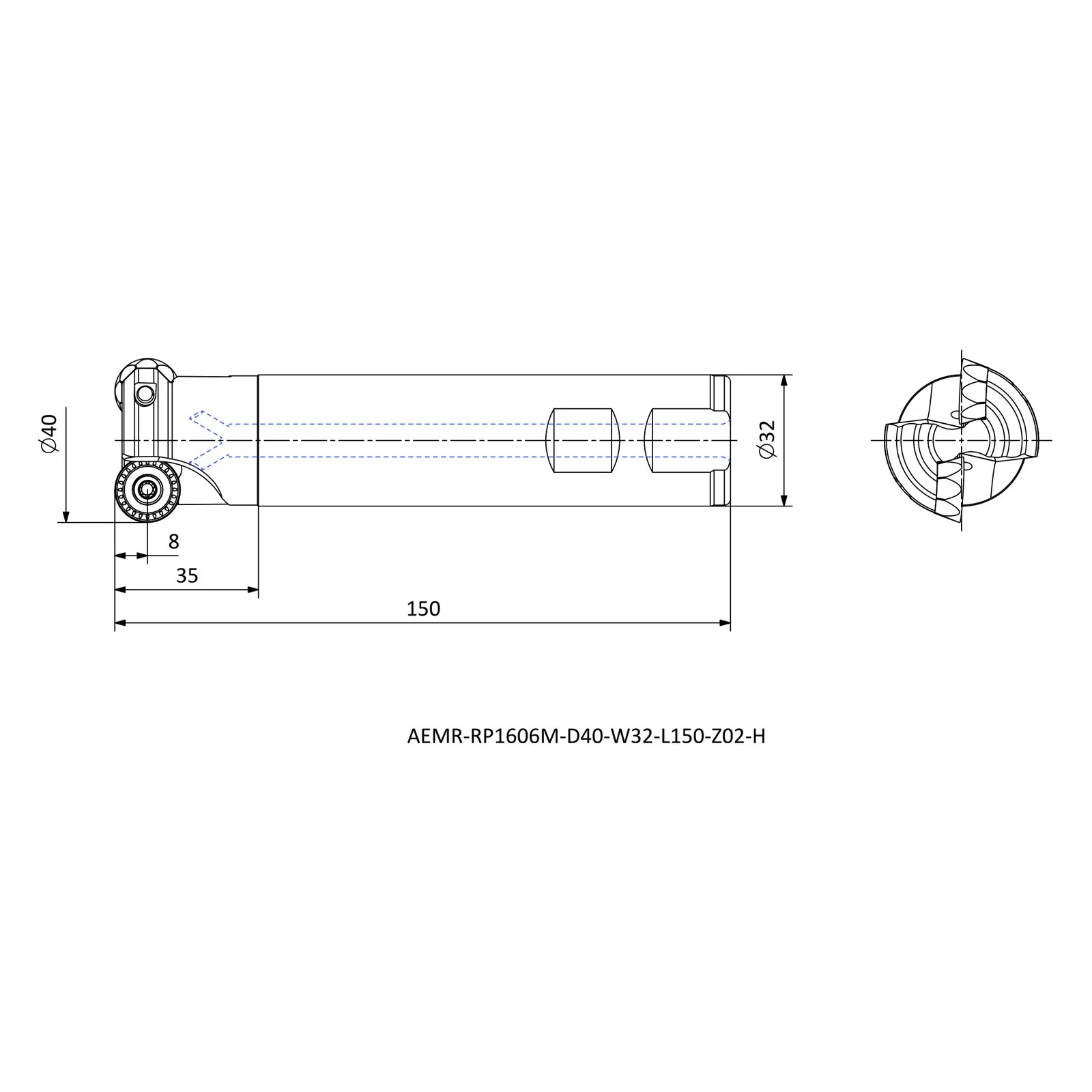 AEMR-RP1606M-D40-W32-L150-Z02-H &mdash; dimensioned drawing