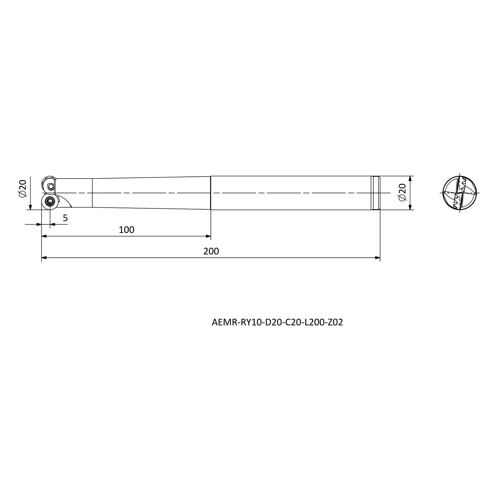 AEMR-RY10-D20-C20-L200-Z02 &mdash; dimensioned drawing