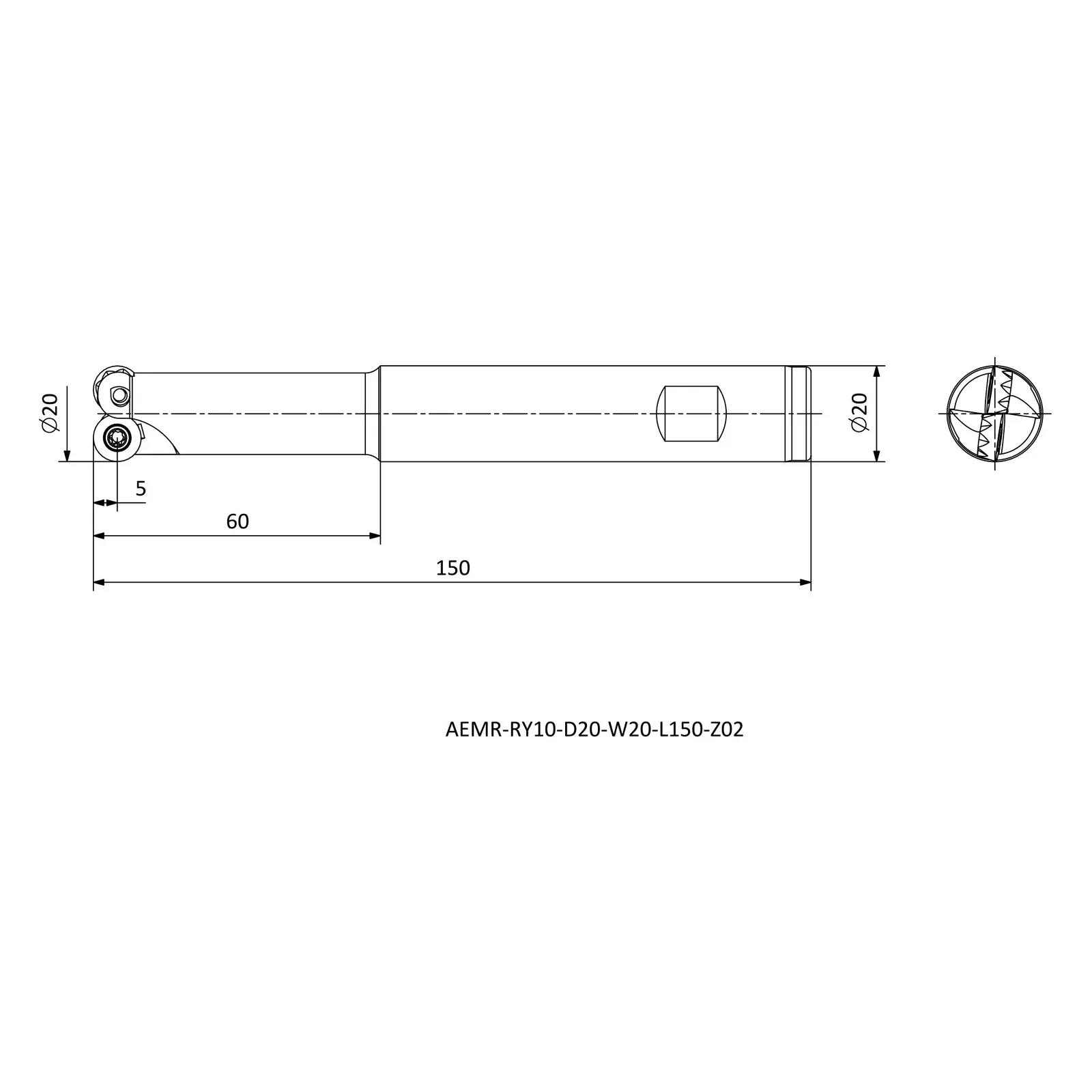 AEMR-RY10-D20-W20-L150-Z02 &mdash; dimensioned drawing