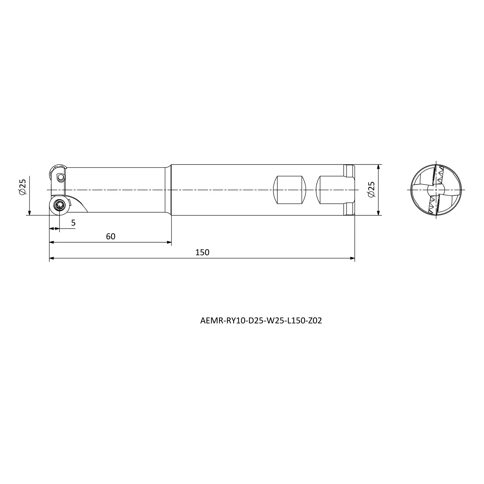 AEMR-RY10-D25-W25-L150-Z02 &mdash; dimensioned drawing
