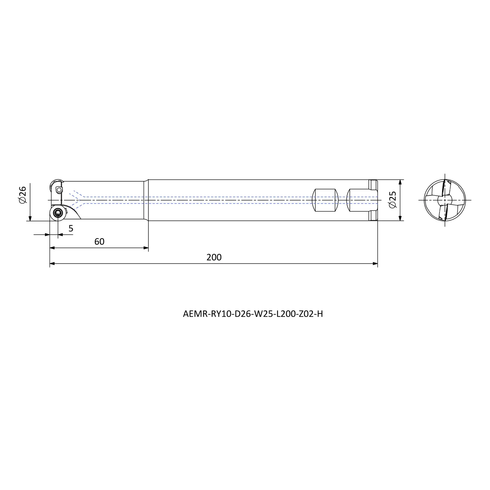 AEMR-RY10-D26-W25-L200-Z02-H &mdash; dimensioned drawing