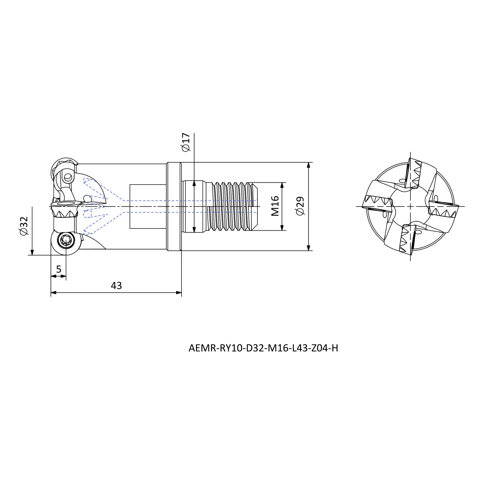 AEMR-RY10-D32-M16-L43-Z04-H &mdash; dimensioned drawing