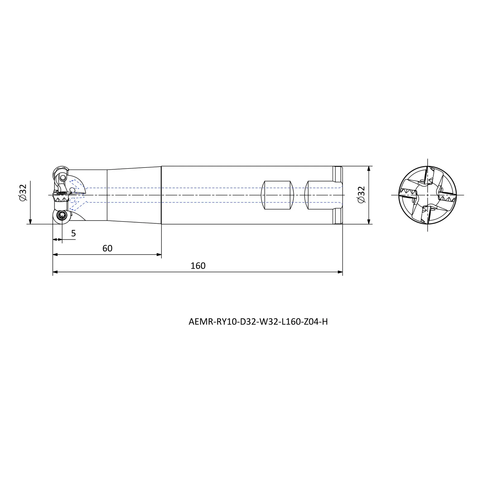AEMR-RY10-D32-W32-L160-Z04-H &mdash; dimensioned drawing