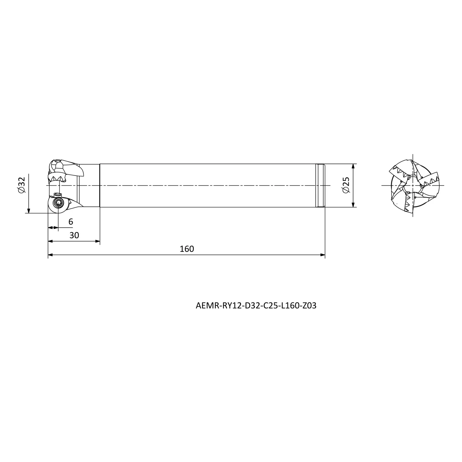 AEMR-RY12-D32-C25-L160-Z03 &mdash; dimensioned drawing