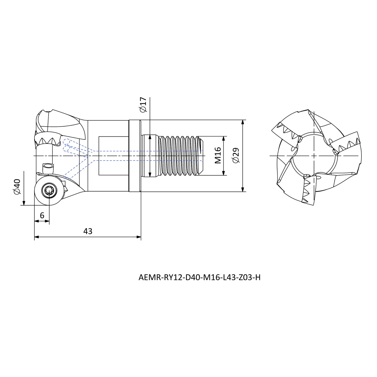 AEMR-RY12-D40-M16-L43-Z03-H &mdash; dimensioned drawing