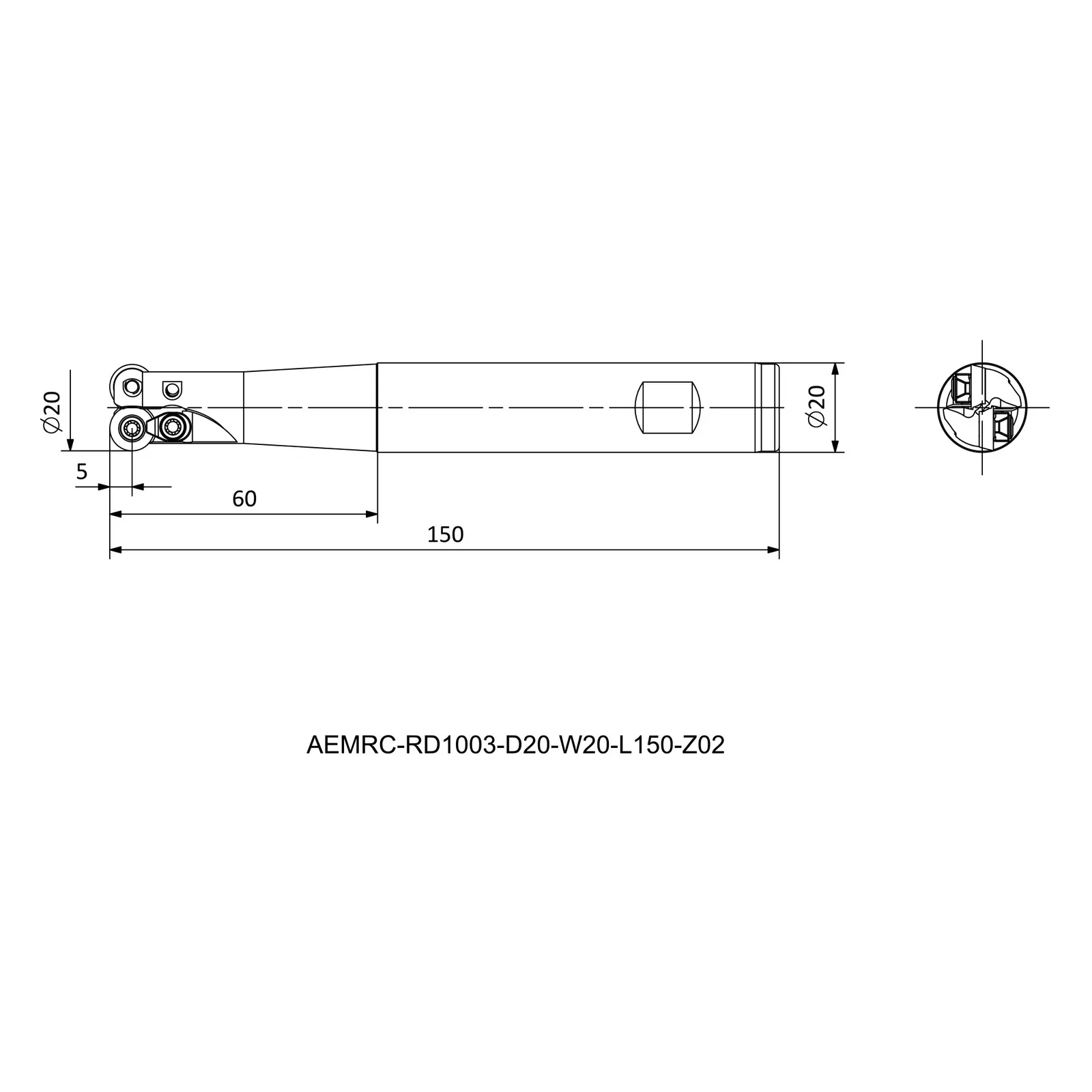 AEMRC-RD1003-D20-W20-L150-Z02 &mdash; dimensioned drawing