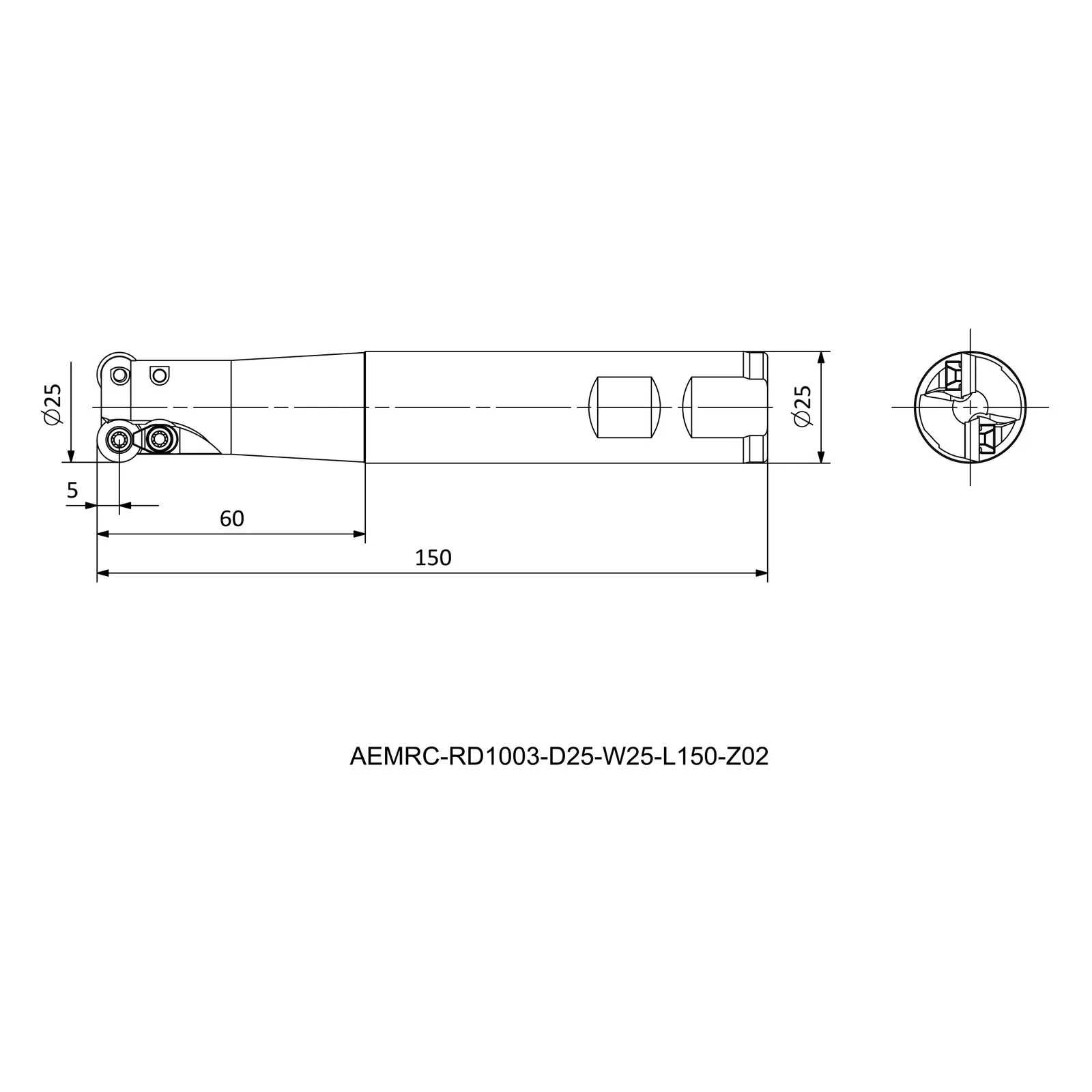 AEMRC-RD1003-D25-W25-L150-Z02 &mdash; dimensioned drawing