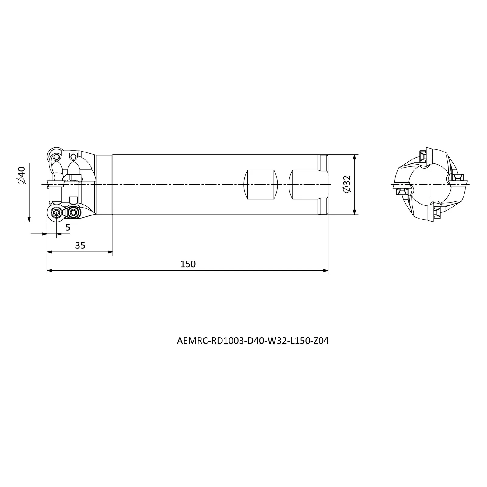 AEMRC-RD1003-D40-W32-L150-Z04 &mdash; dimensioned drawing