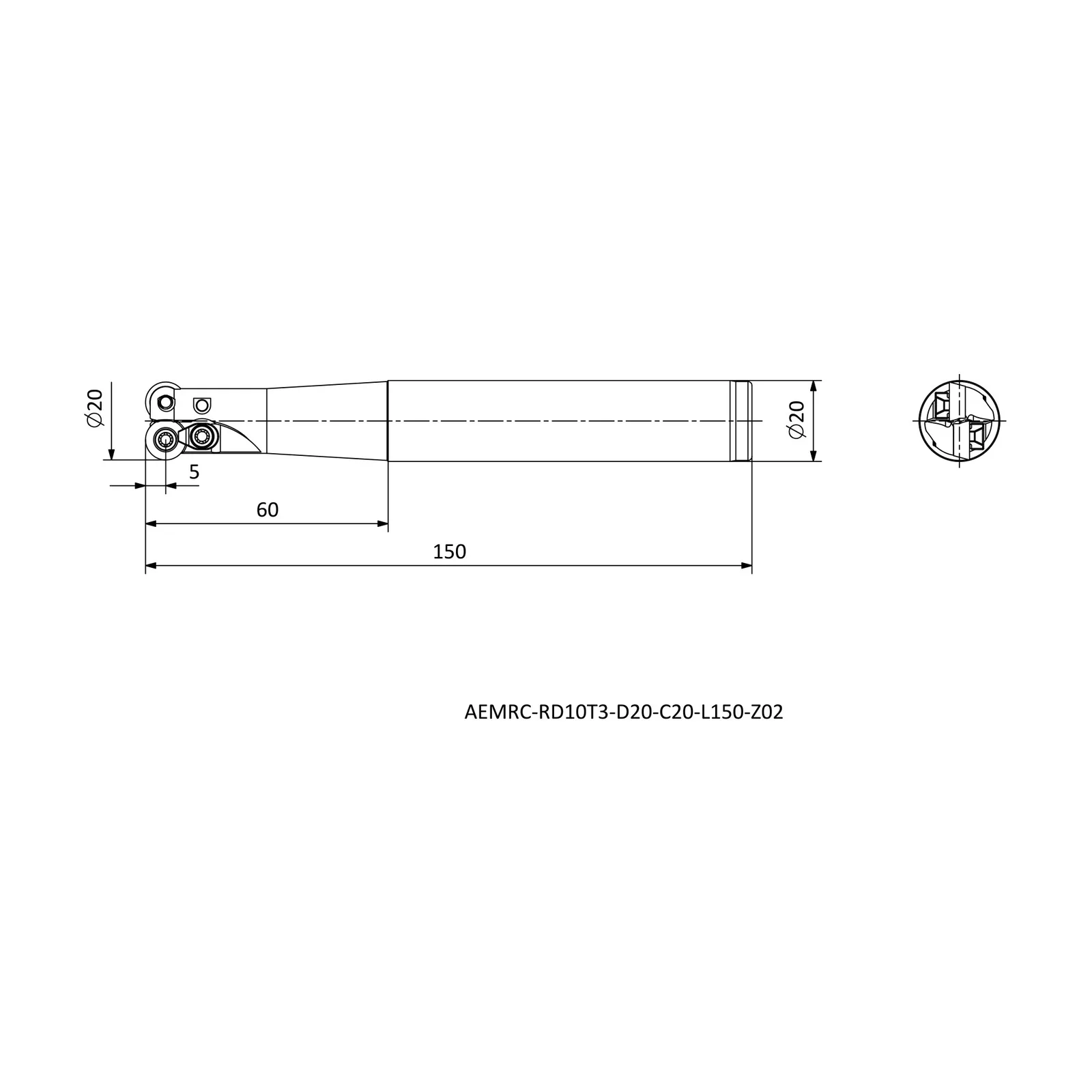 AEMRC-RD10T3-D20-C20-L150-Z02 &mdash; dimensioned drawing
