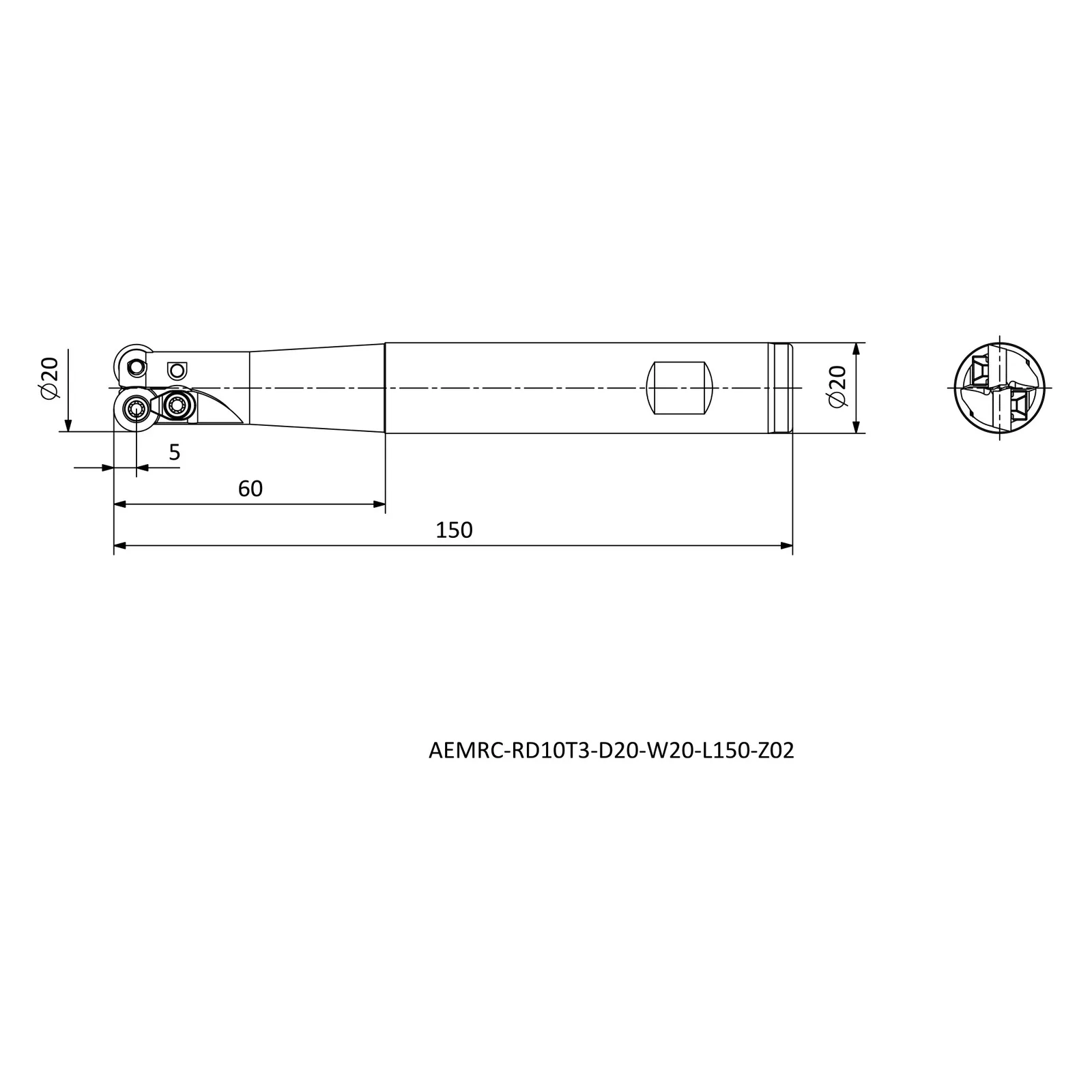 AEMRC-RD10T3-D20-W20-L150-Z02 &mdash; dimensioned drawing