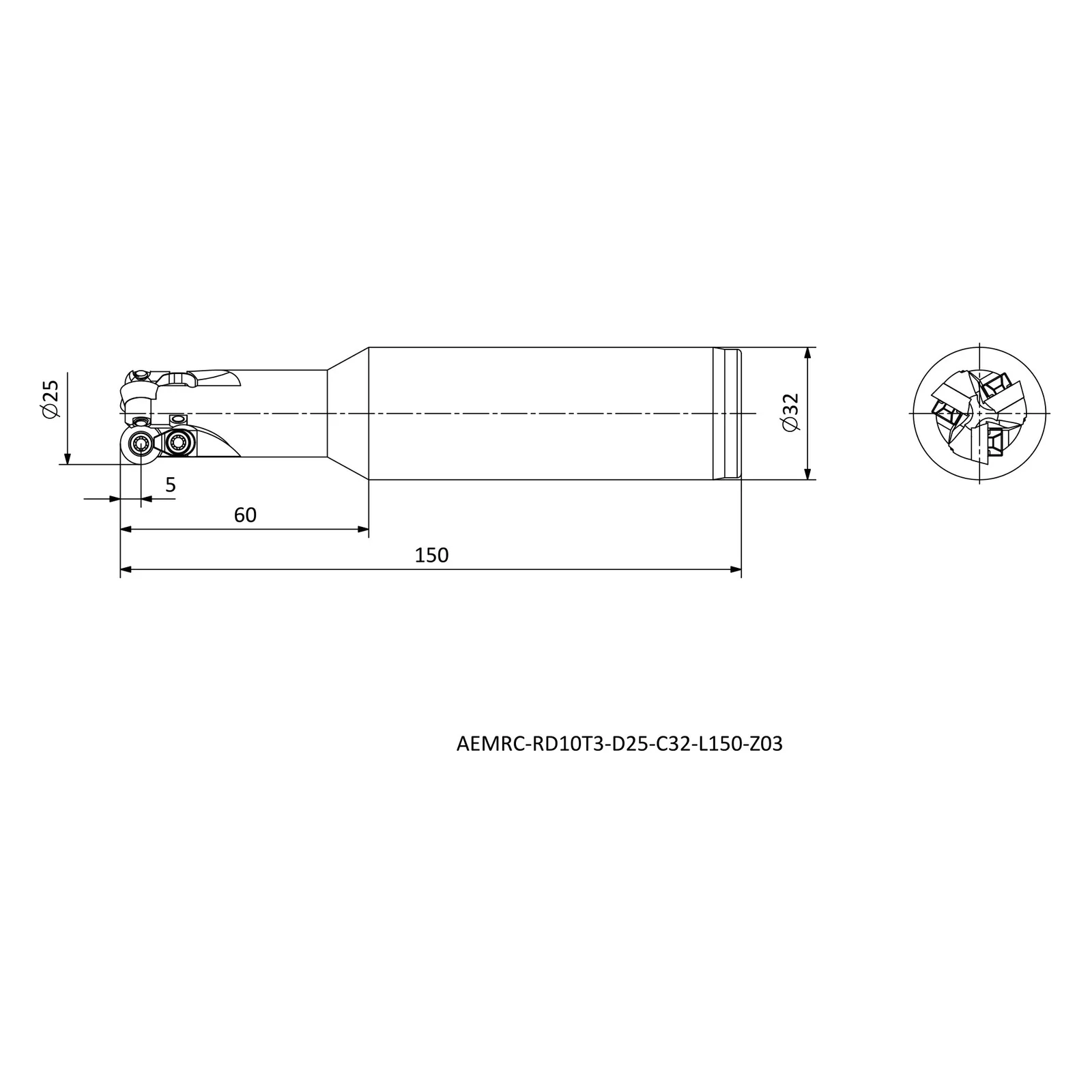 AEMRC-RD10T3-D25-C32-L150-Z03 &mdash; dimensioned drawing