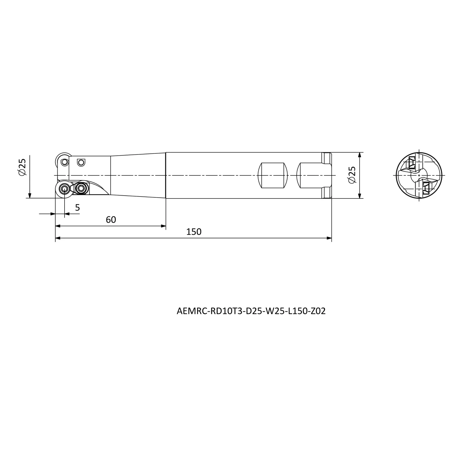 AEMRC-RD10T3-D25-W25-L150-Z02 &mdash; dimensioned drawing
