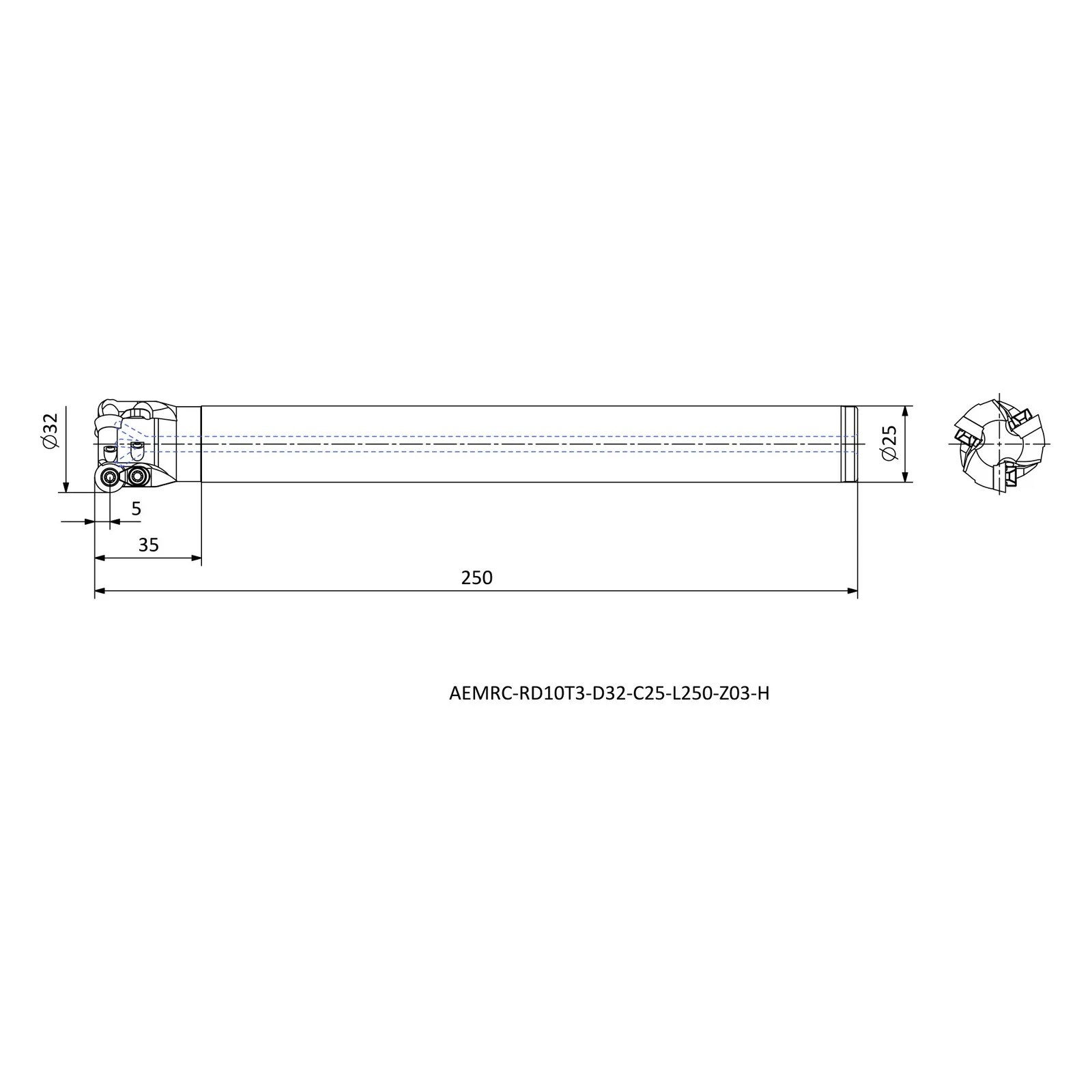 AEMRC-RD10T3-D32-C25-L250-Z03-H &mdash; dimensioned drawing