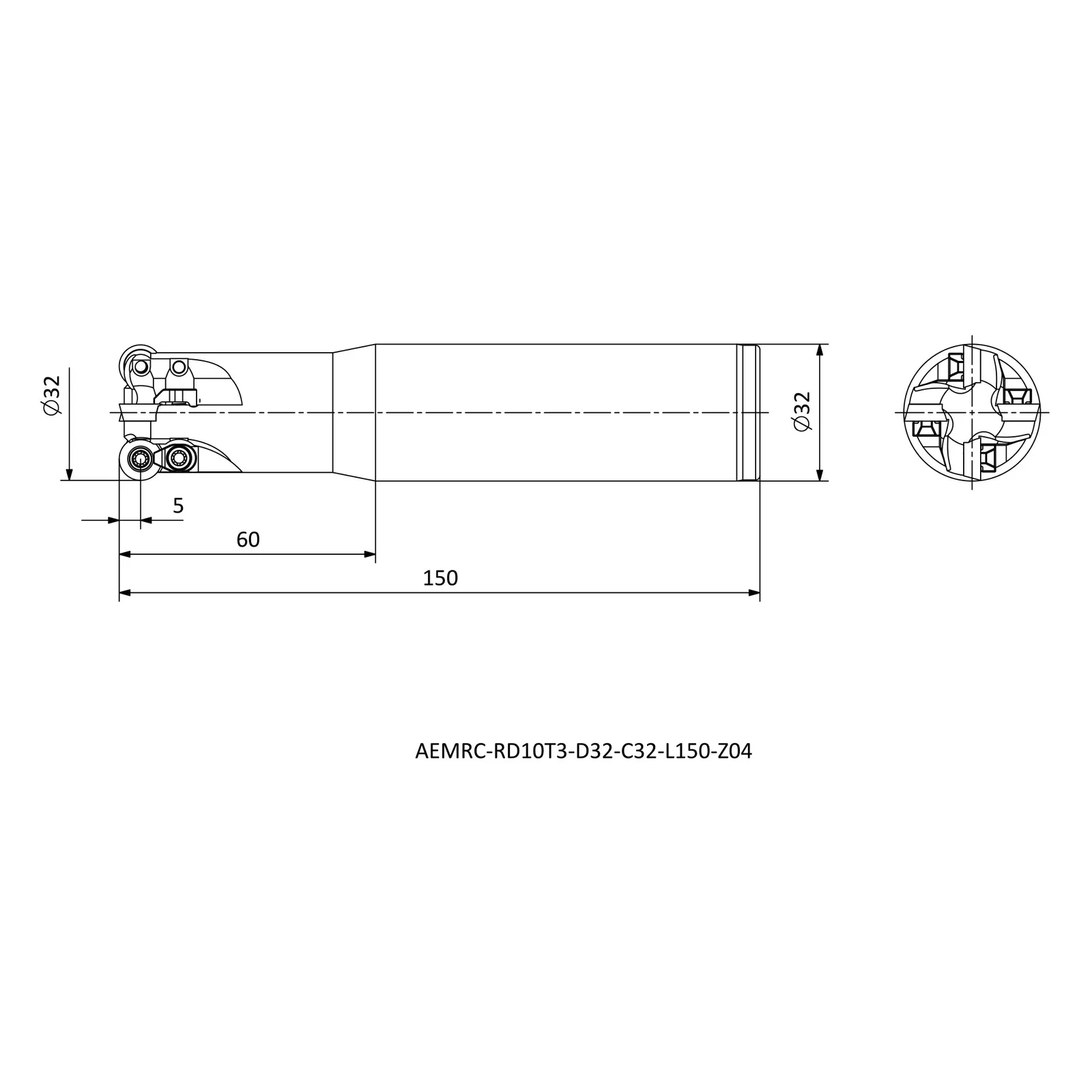 AEMRC-RD10T3-D32-C32-L150-Z04 &mdash; dimensioned drawing