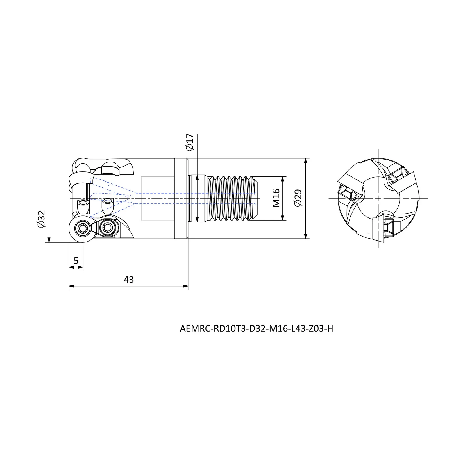 AEMRC-RD10T3-D32-M16-L43-Z03-H &mdash; dimensioned drawing