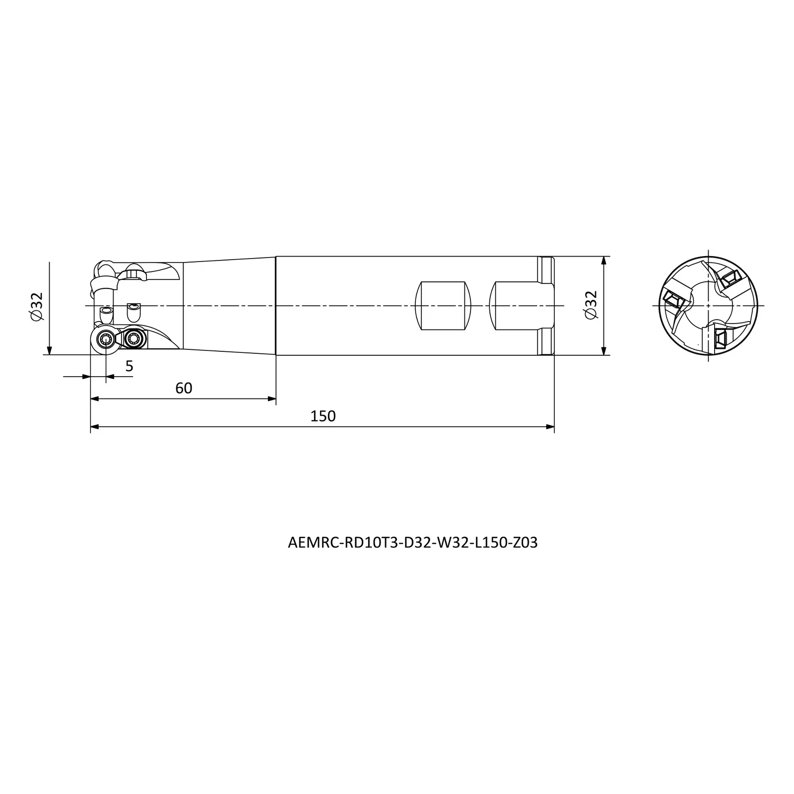 AEMRC-RD10T3-D32-W32-L150-Z03 &mdash; dimensioned drawing