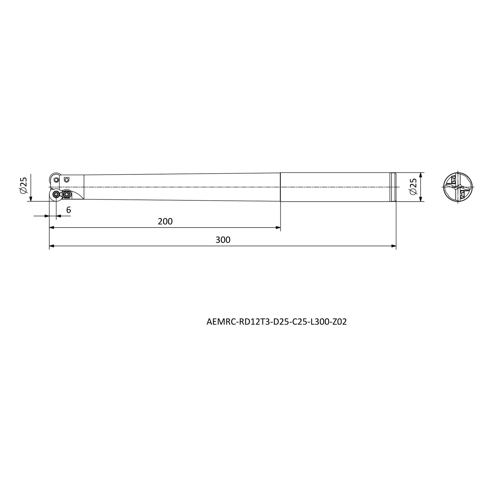 AEMRC-RD12T3-D25-C25-L300-Z02 &mdash; dimensioned drawing
