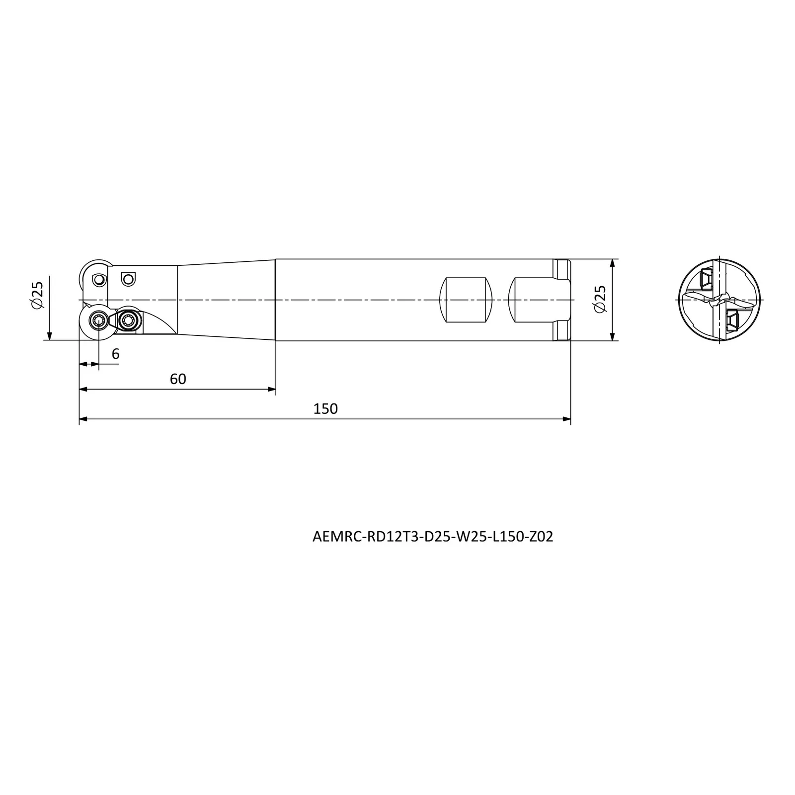 AEMRC-RD12T3-D25-W25-L150-Z02 &mdash; dimensioned drawing