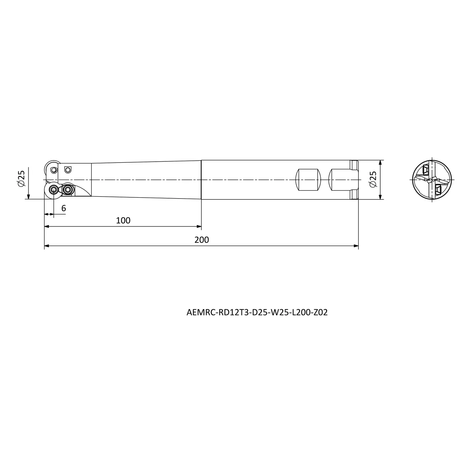 AEMRC-RD12T3-D25-W25-L200-Z02 &mdash; dimensioned drawing