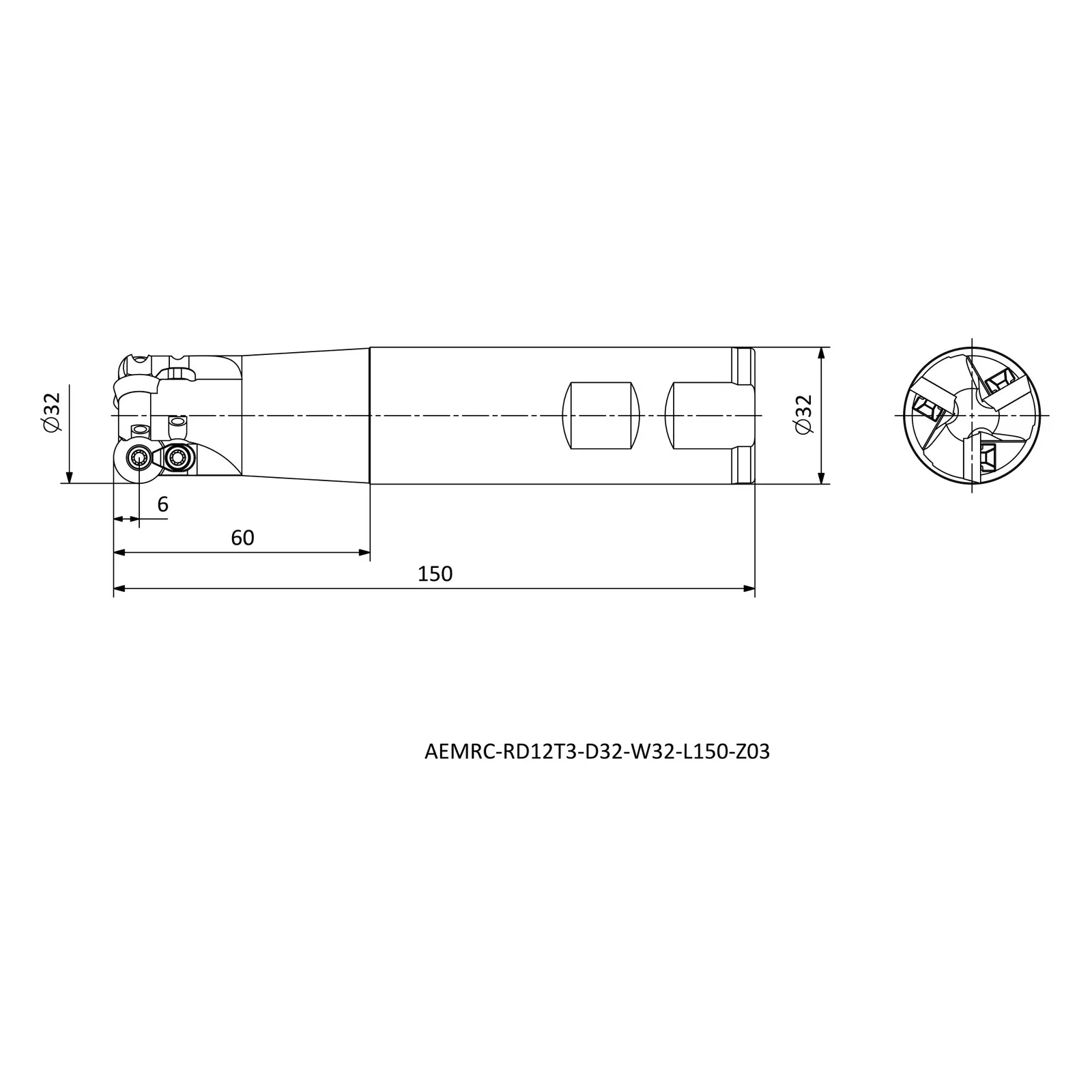 AEMRC-RD12T3-D32-W32-L150-Z03 &mdash; dimensioned drawing