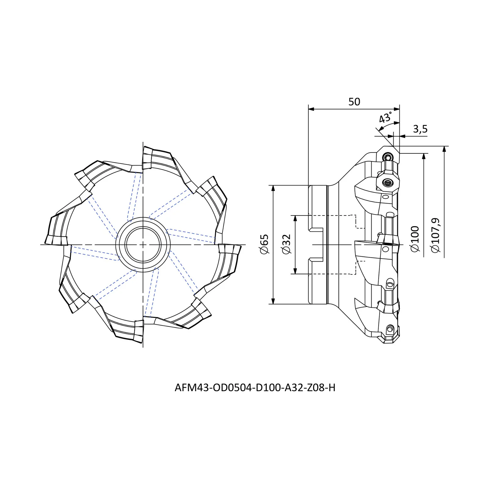 AFM43-OD0504-D100-A32-Z08-H &mdash; dimensioned drawing