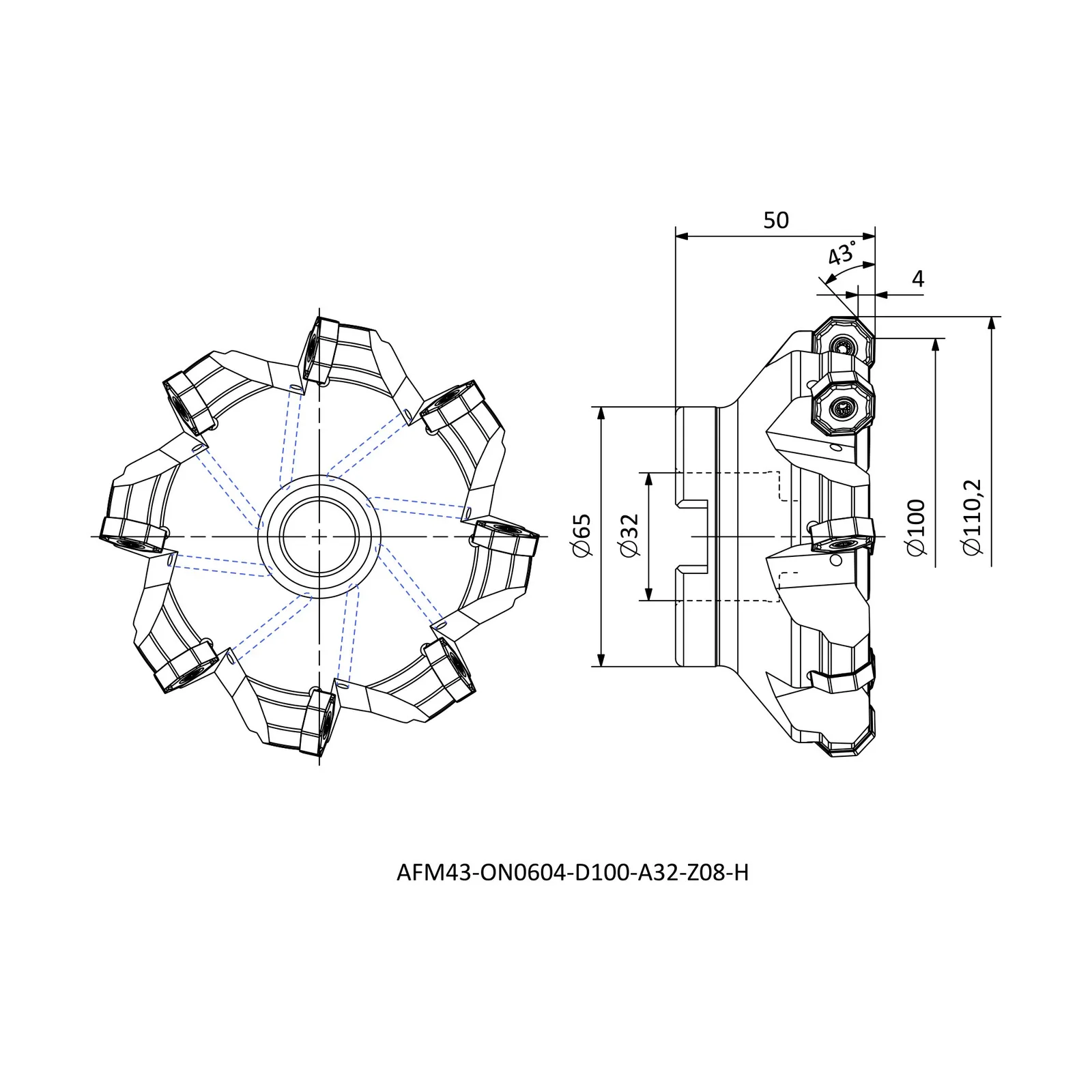 AFM43-ON0604-D100-A32-Z08-H &mdash; dimensioned drawing