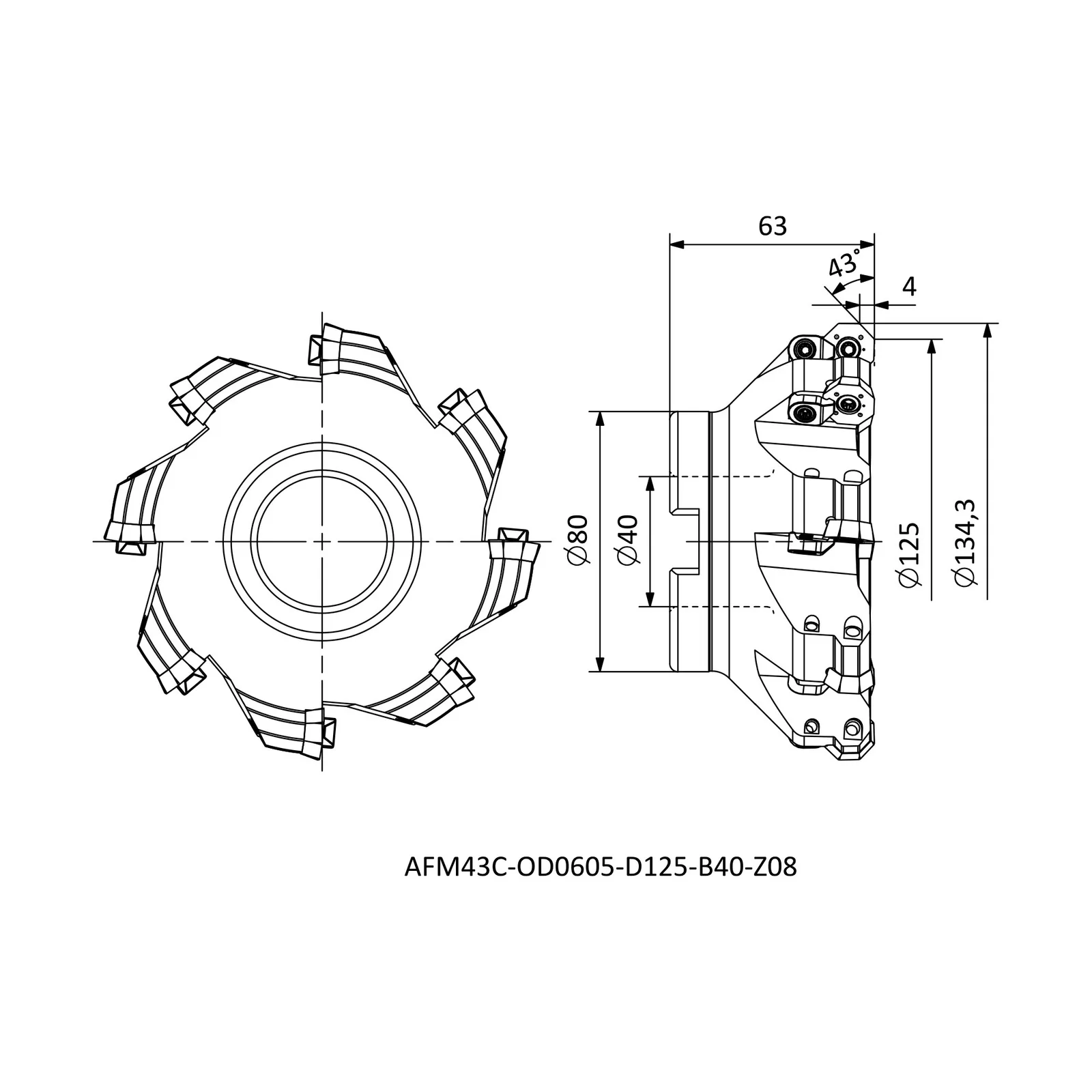 AFM43C-OD0605-D125-B40-Z08 &mdash; dimensioned drawing